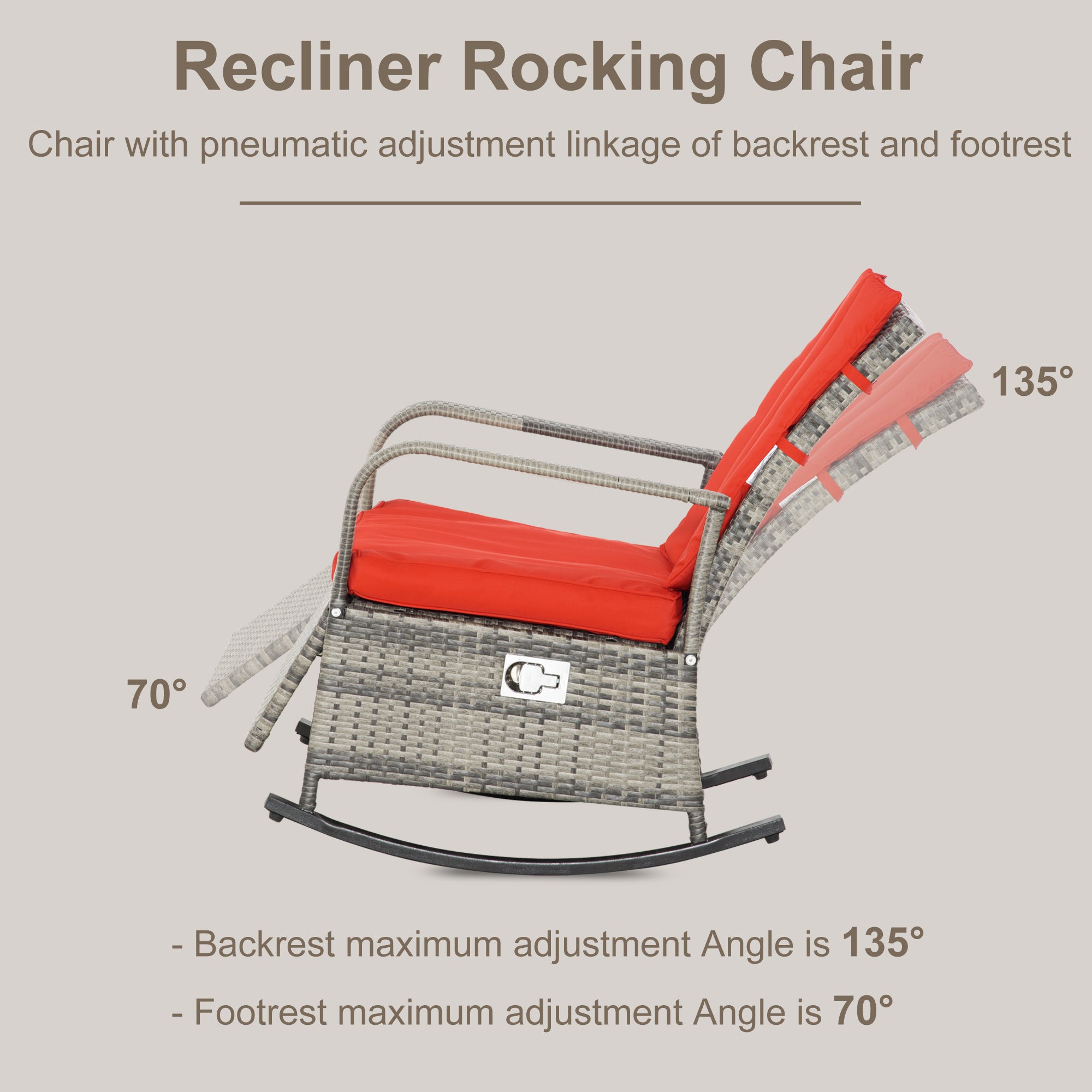 PE Rattan Rocking Recliner with Footrest, Red
