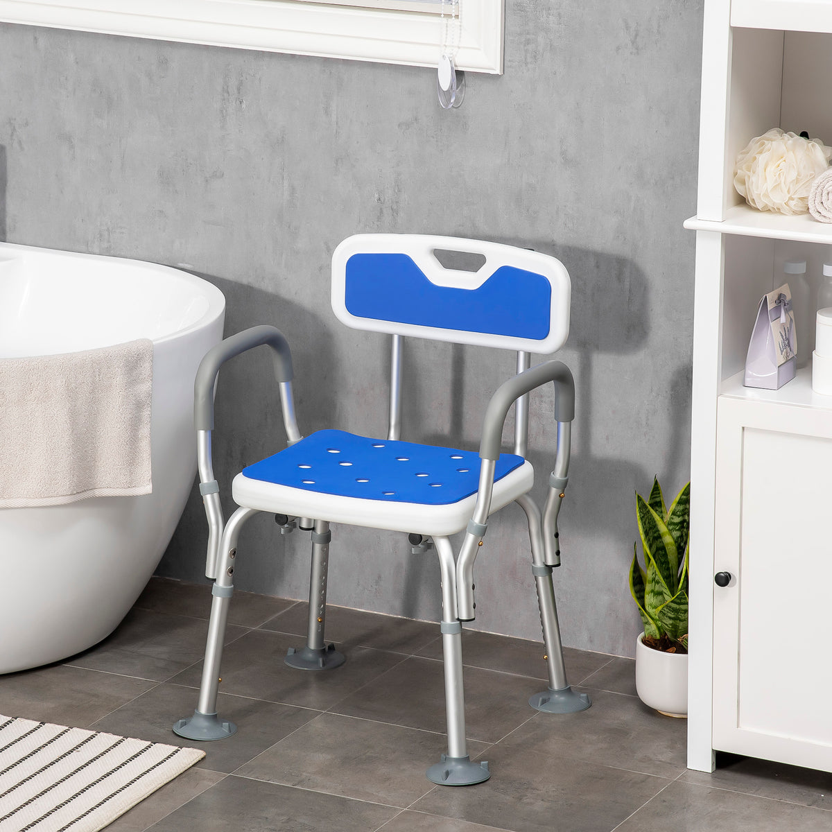 EVA Padded Shower Chair with Arms and Back, Bath Seat with Adjustable Height, Anti-slip Shower Bench for Seniors and Disabled, Tool-Free Assembly, 299lbs