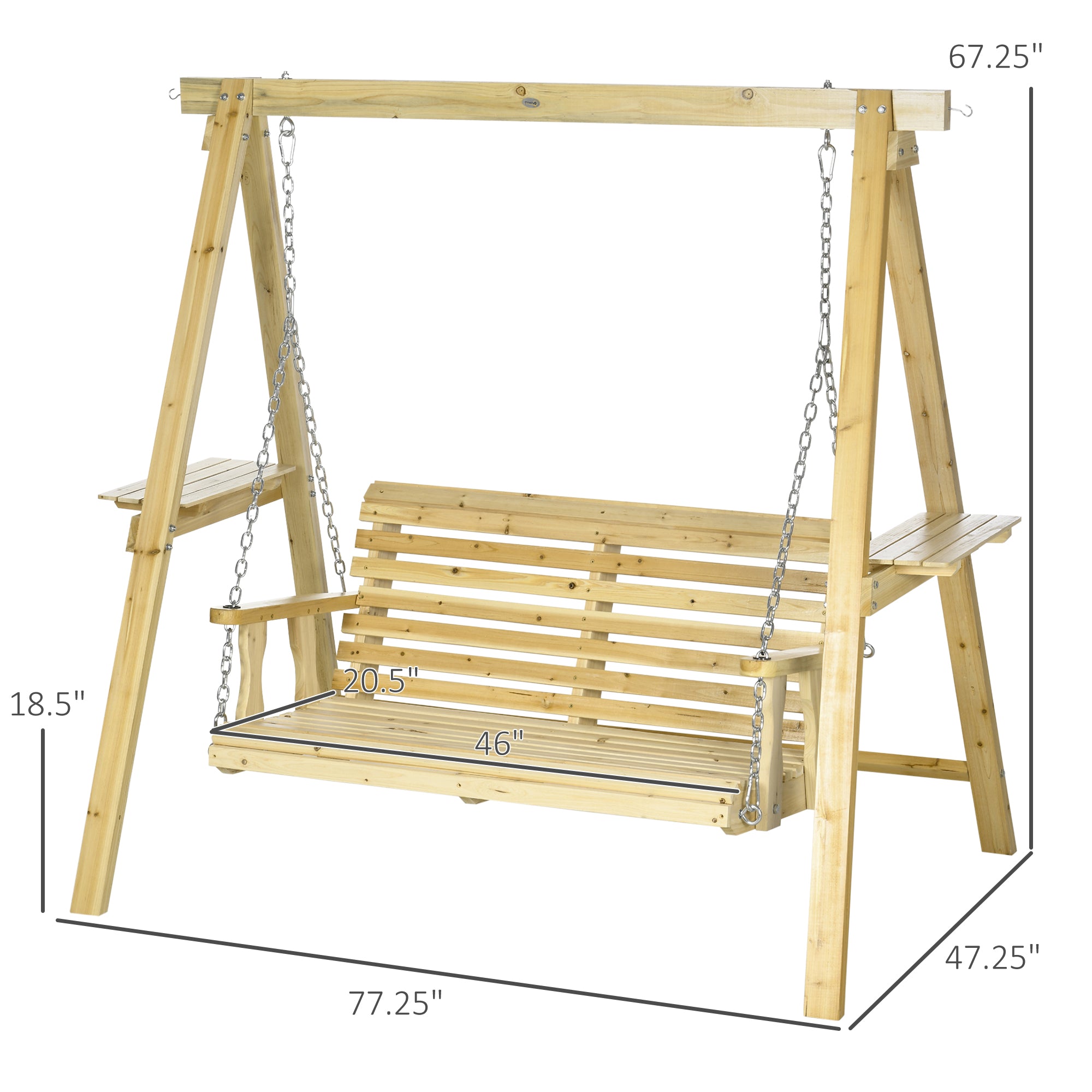 2-Seat orch Swing with Stand, Wooden Patio Swing Chair with Side Tables and Metal Chains, Outdoor Hanging Bench for Garden, Poolside, Backyard, Natural Wood