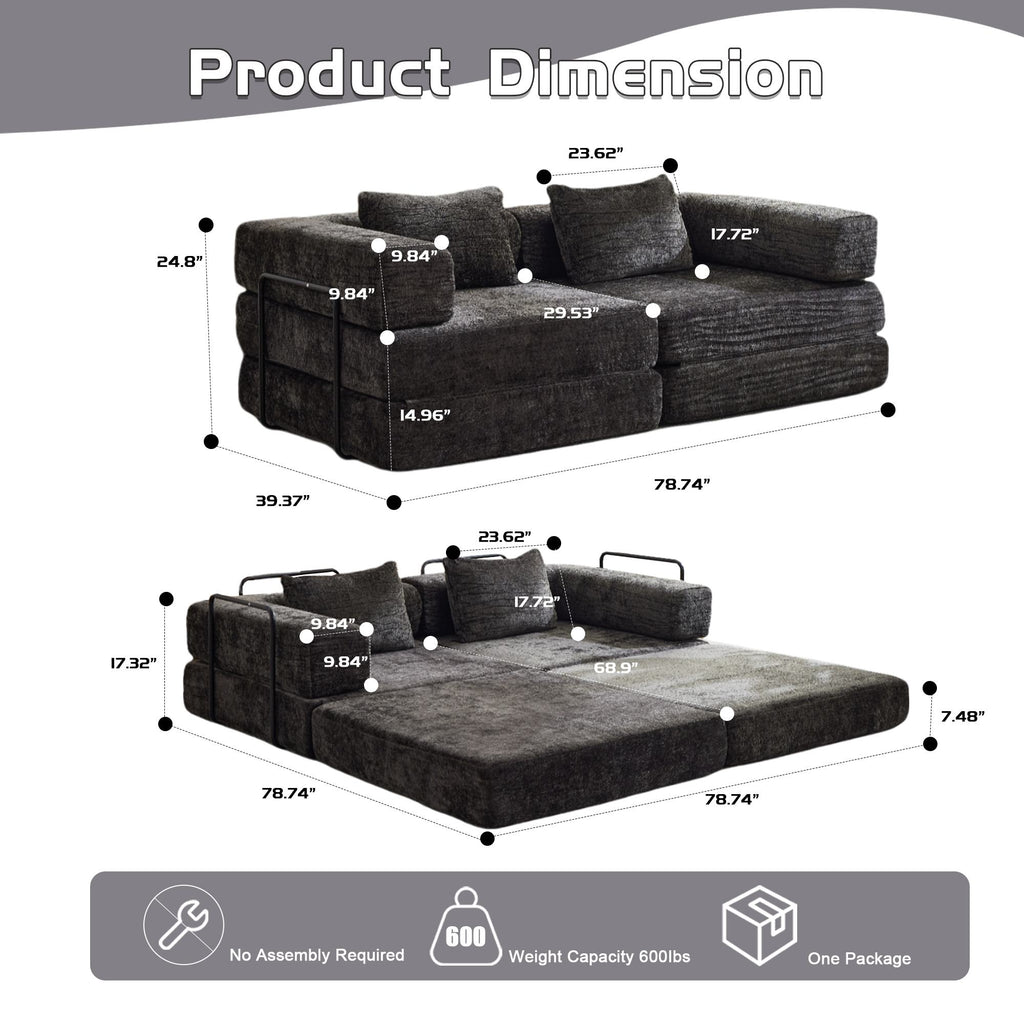 Convertible Sofa Bed Floor Sofa with Fixed-Shape Frame, Chenille Fabric Loveseat Modular Sectional for Apartments, Compressed Sofa 79" L x 39.5" W x 25" H, Black