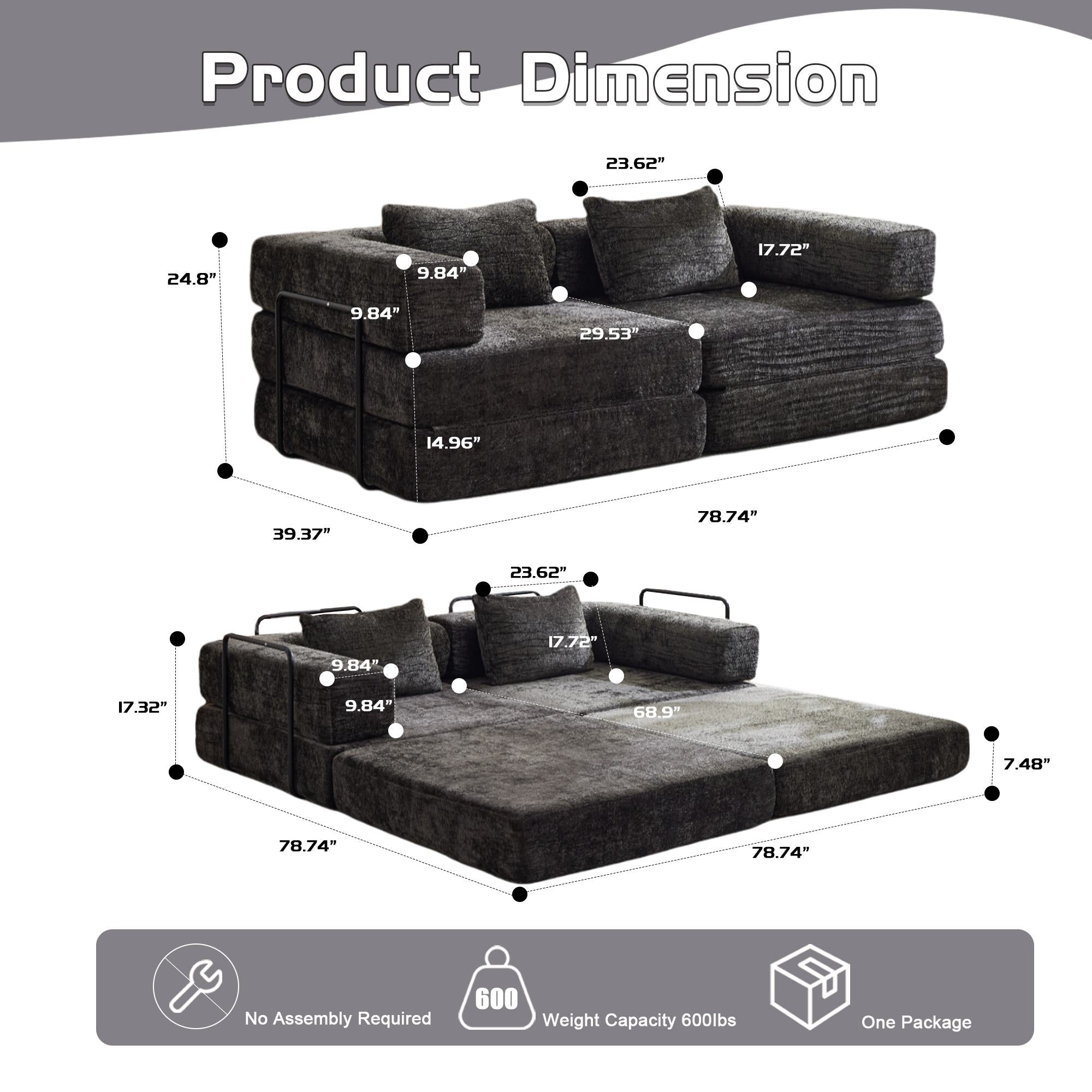 Convertible Sofa Bed Floor Sofa with Fixed-Shape Frame, Chenille Fabric Loveseat Modular Sectional for Apartments, Compressed Sofa 79" L x 39.5" W x 25" H, Black