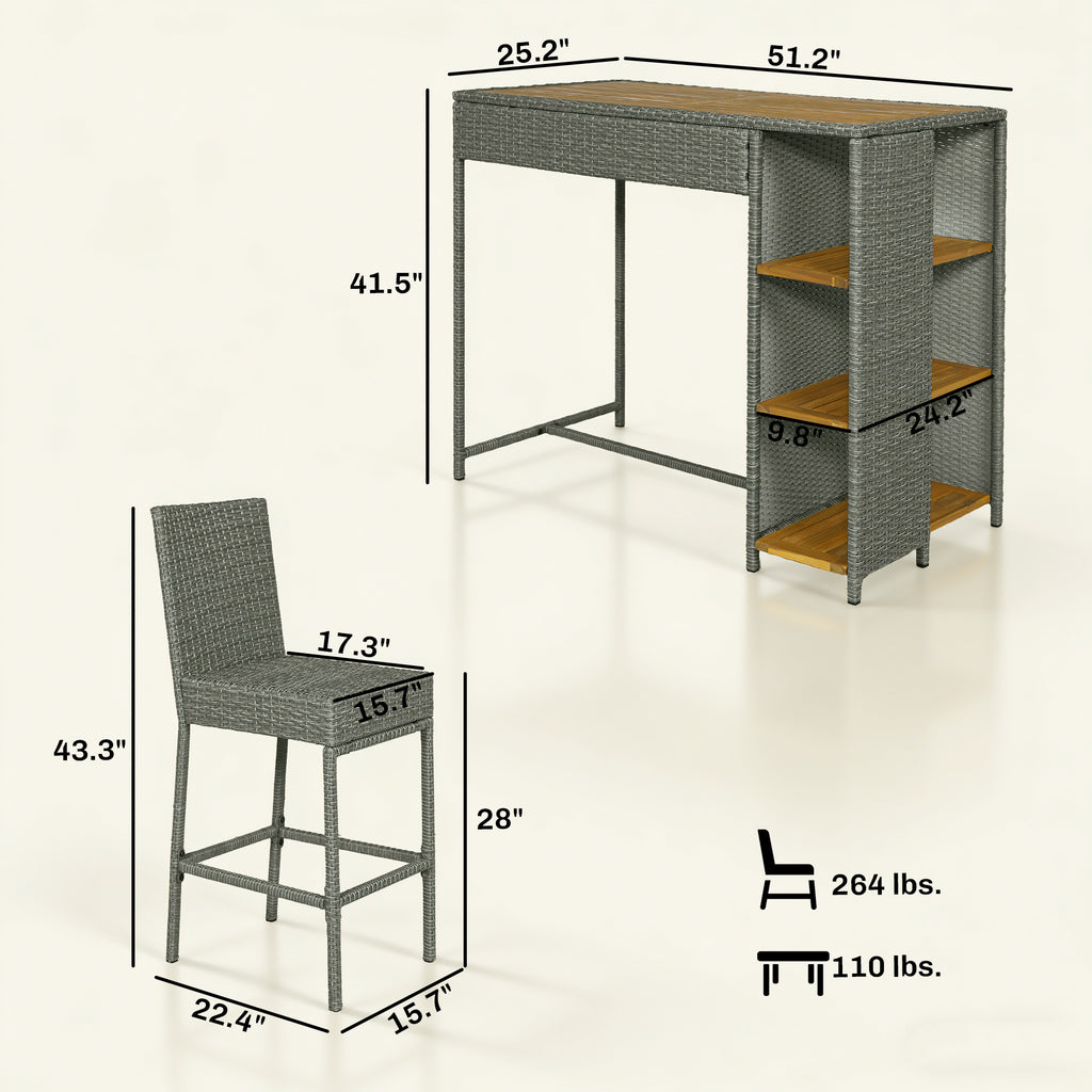 5 Piece Wicker Outdoor Bar Set, Acacia Wood Outdoor High Top Table and Chairs with 3 Tier Shelves, Cushions, Gray