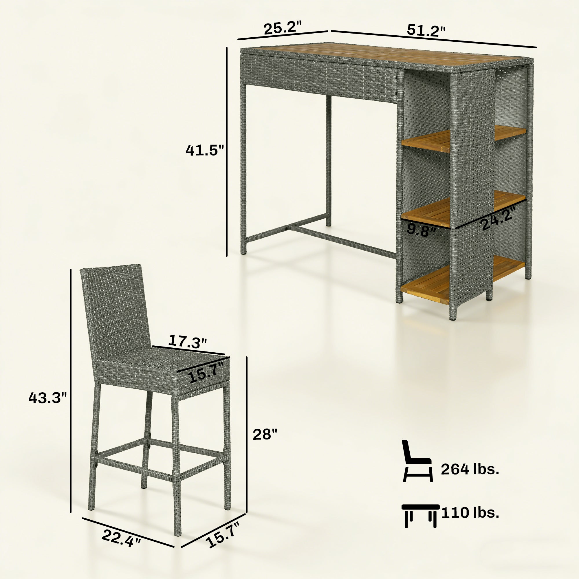 5 Piece Wicker Outdoor Bar Set, Acacia Wood Outdoor High Top Table and Chairs with 3 Tier Shelves, Cushions, Gray