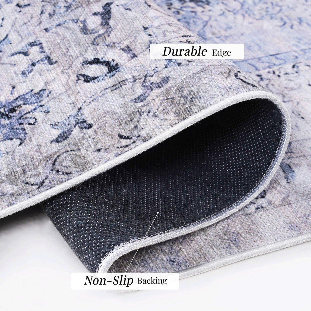 8x10 Foldable Low-Pile Non-Slip Non-Shedding Area Rug, Machine Washable, Kid and Pet Friendly, Carpet for Living Room, Kitchen, Blue+Cream