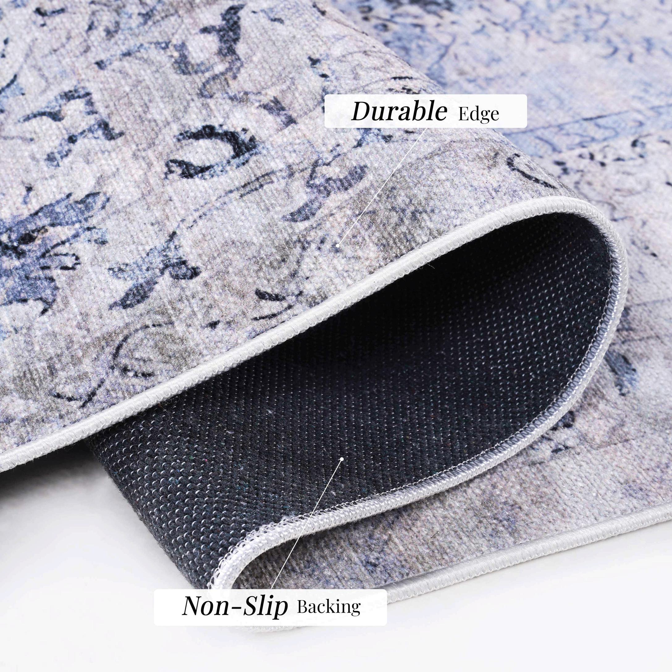 8x10 Foldable Low-Pile Non-Slip Non-Shedding Area Rug, Machine Washable, Kid and Pet Friendly, Carpet for Living Room, Kitchen, Blue+Cream