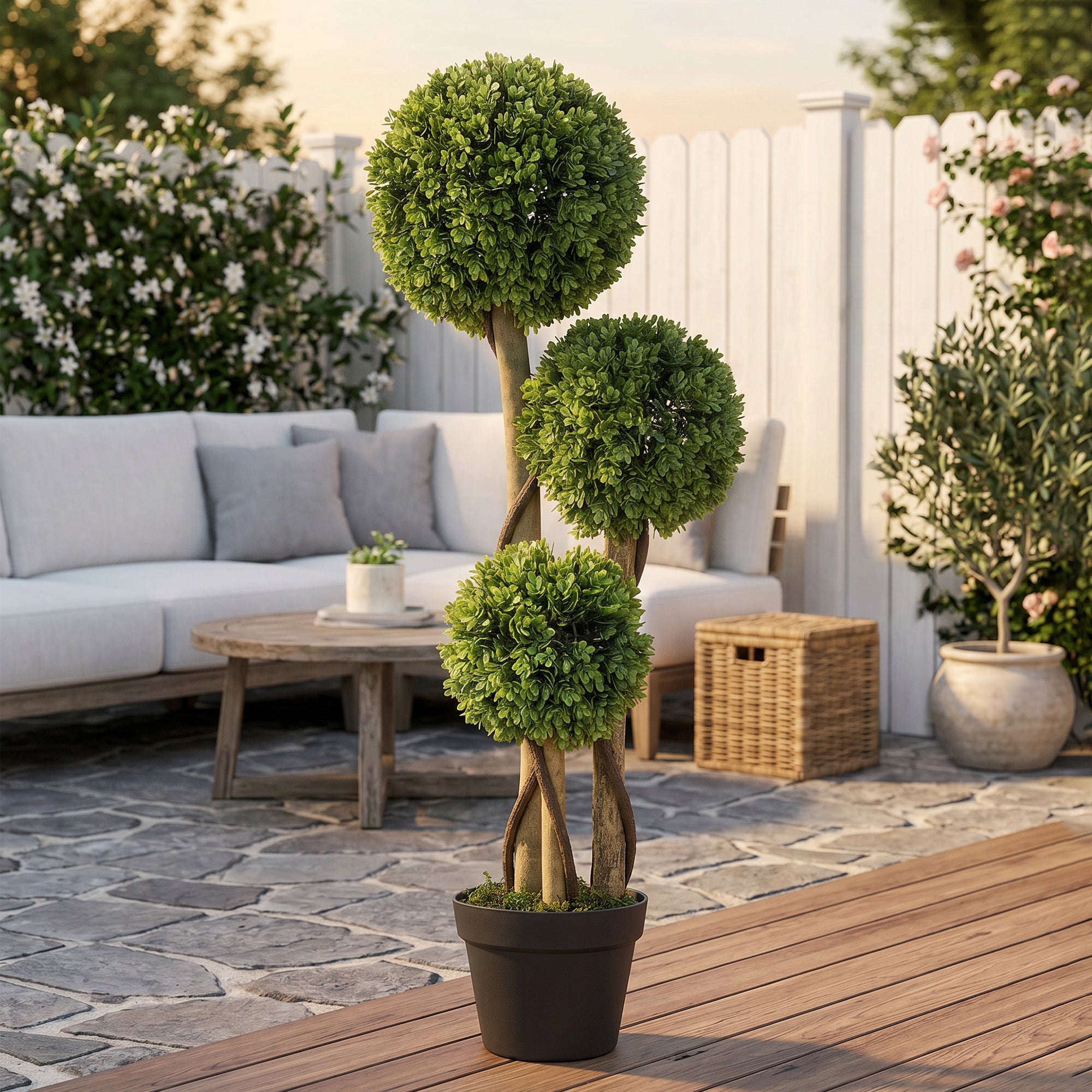 35.5" Artificial Ball Boxwood Topiary Tree Fake Plant in Pot for Indoor Outdoor Living Room Decoration Light Green