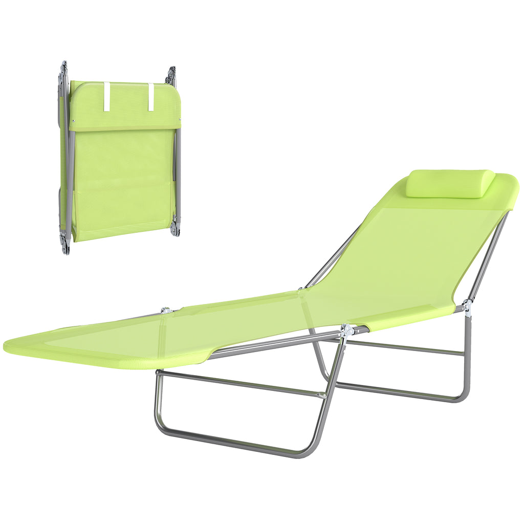 Folding Chaise Lounge Pool Chairs, Outdoor Sun Tanning Chairs with Pillow, Reclining Back, Steel Frame & Breathable Mesh for Beach, Yard, Patio, Green
