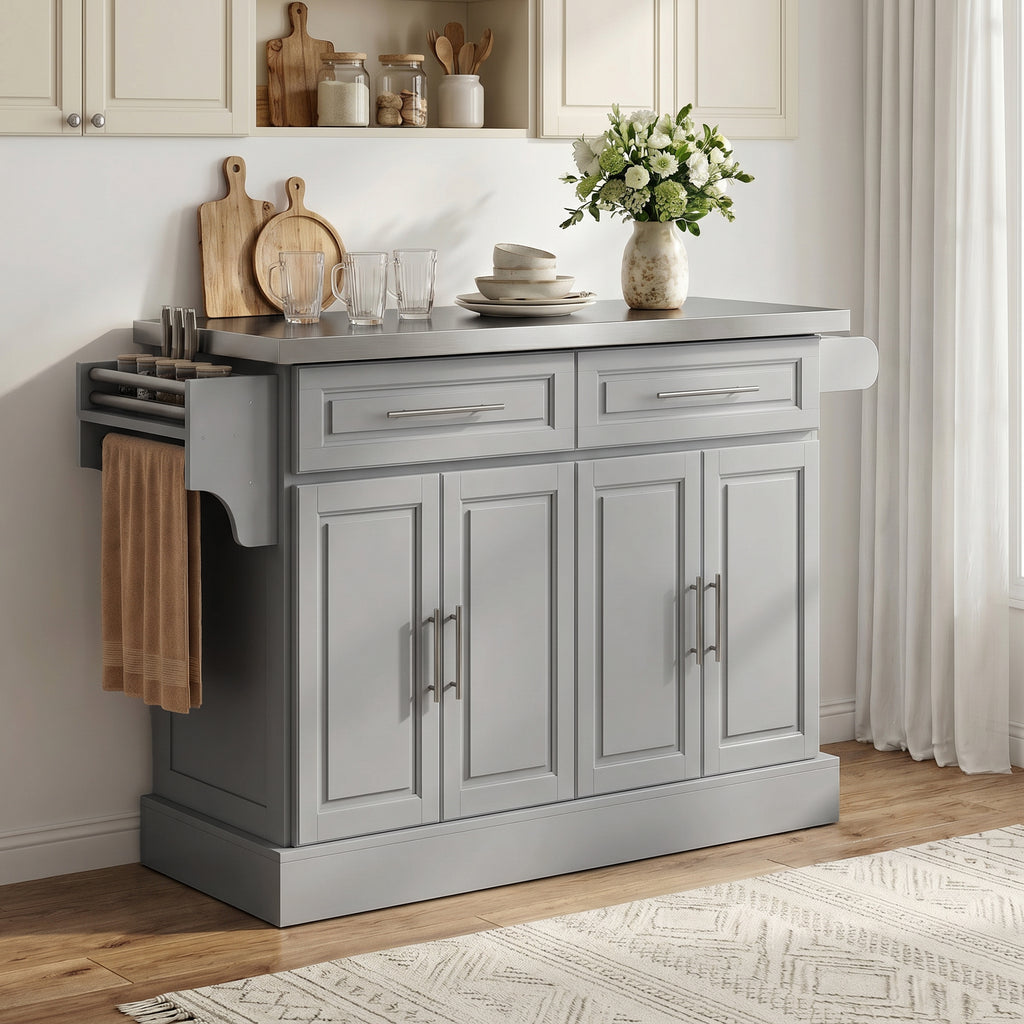 Rolling Kitchen Island Cart with 47" Stainless Steel Top, Portable Island Table for Kitchen with Wheels, Adjustable Shelves, 2 Drawers, Spice, Knife and Towel Rack, Gray