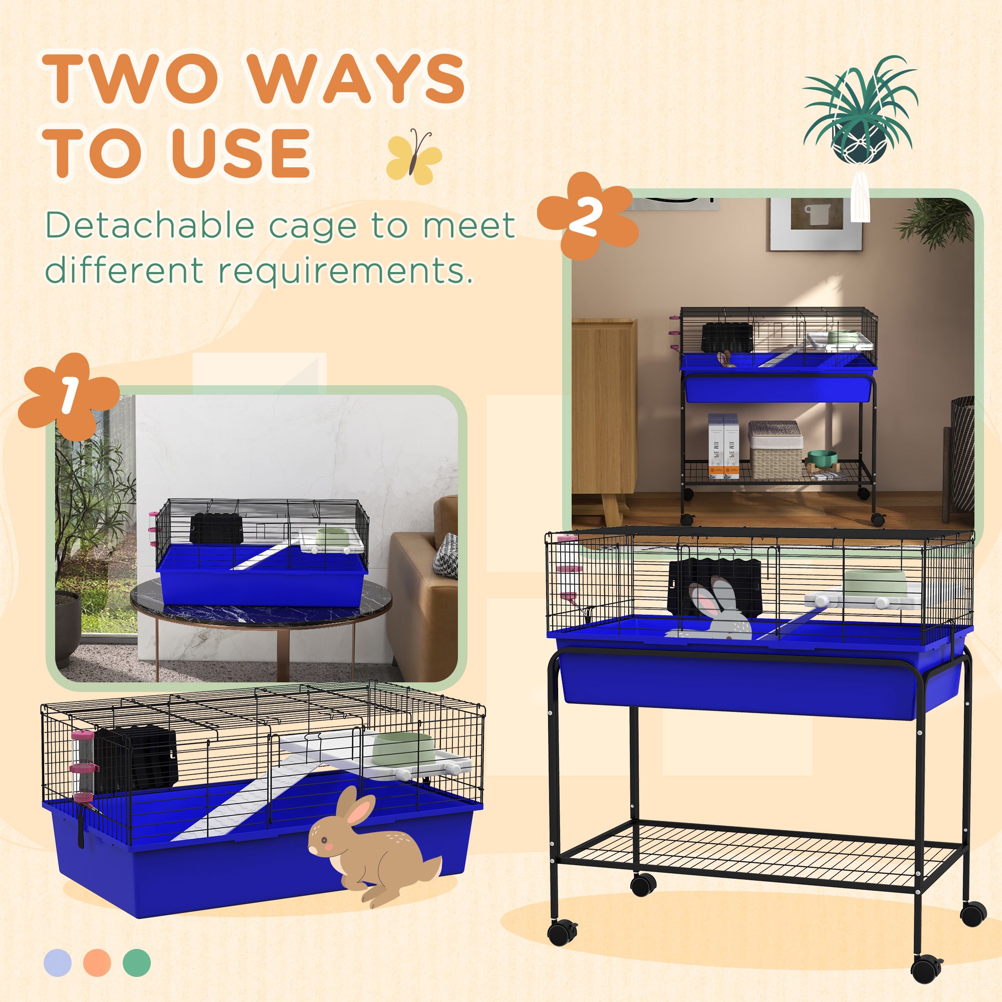 Two-Story Small Animal Cage Removable from Stand, Pet Habitat with Shelf & Wheels, 33" x 18.5" x 35", Blue