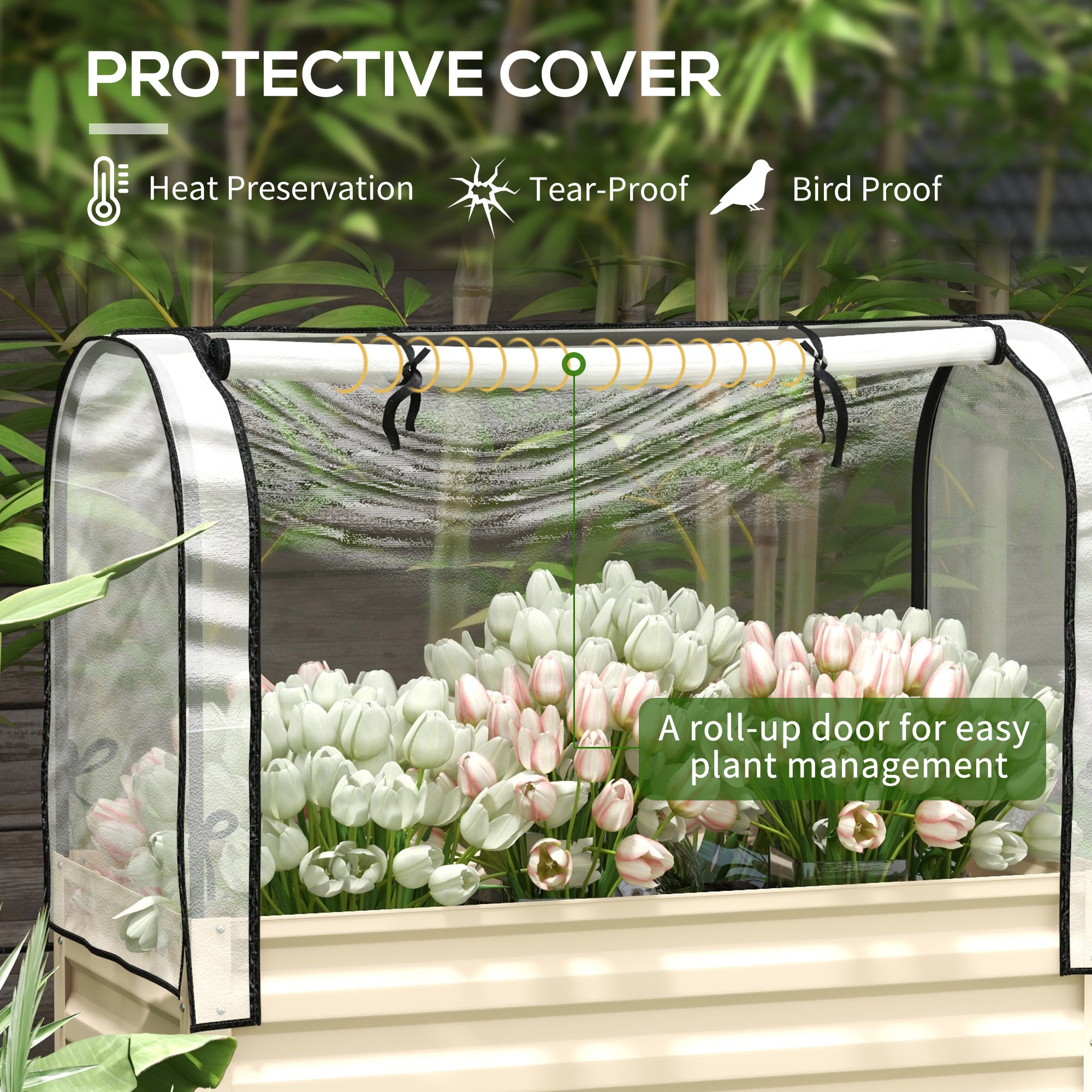 Raised Garden Bed with Legs and Cover, Metal Elevated Planter Box with Bottom Shelf and Liner for Vegetables, Cream