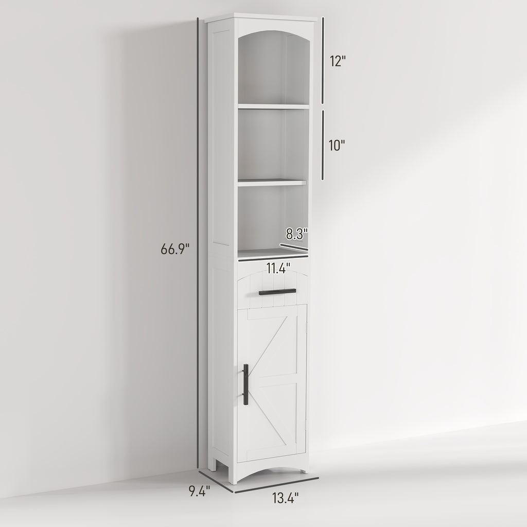 Farmhouse Tall Slim Bathroom Storage Cabinet with Recessed Drawer, Narrow Cabinet with Barn Door, White