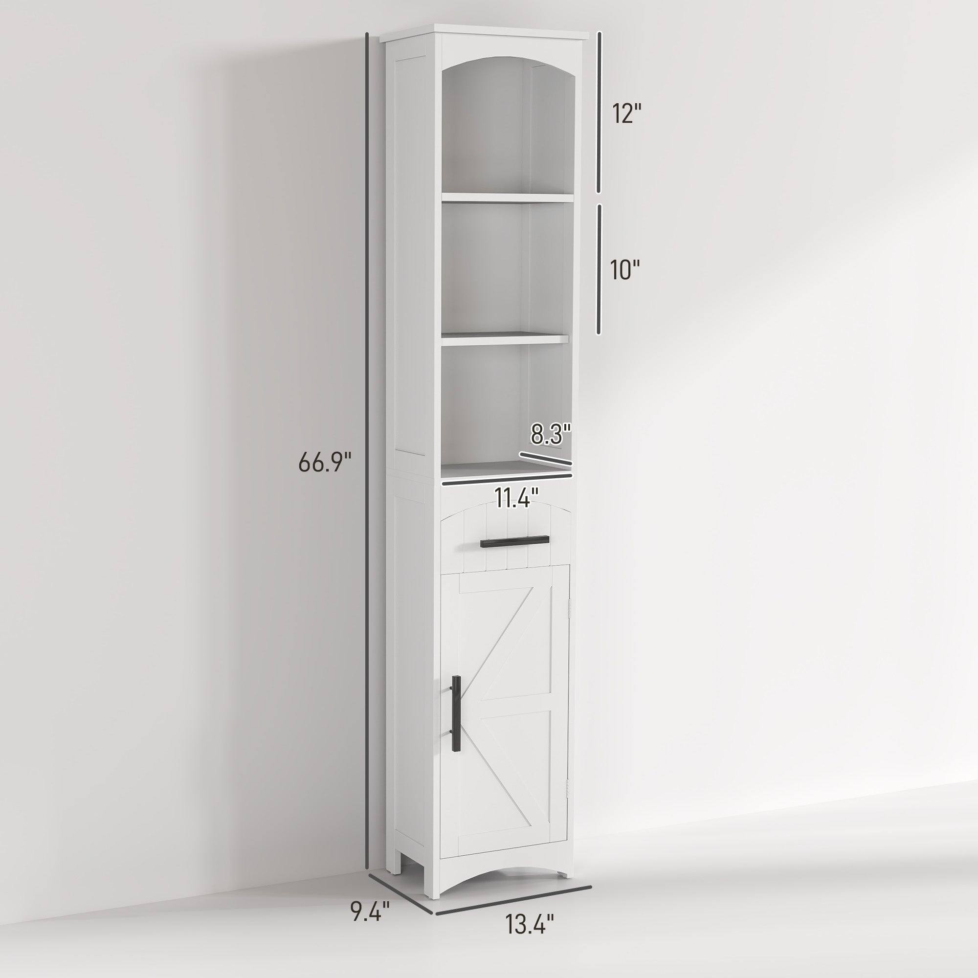 Farmhouse Tall Slim Bathroom Storage Cabinet with Recessed Drawer, Narrow Cabinet with Barn Door, White