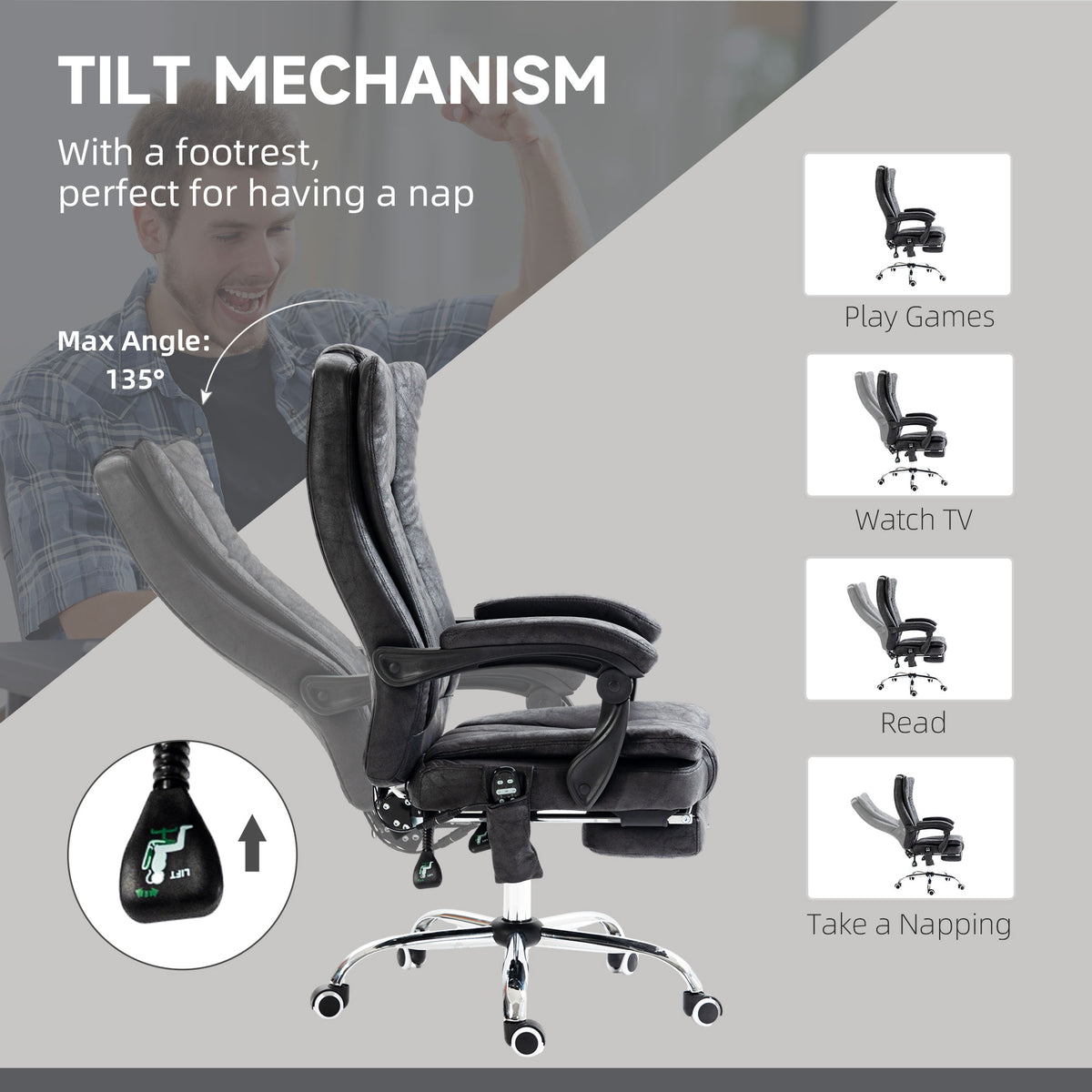 Massage Office Chair, 6 Points and Heat, Reclining Computer Chair with High Back, Adjustable Height and Footrest, Black