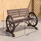 41" Wooden Wagon Wheel Bench, Rustic Outdoor Patio Bench Weather Resistance Furniture, 2-Person Slatted Seat with Backrest, Carbonized