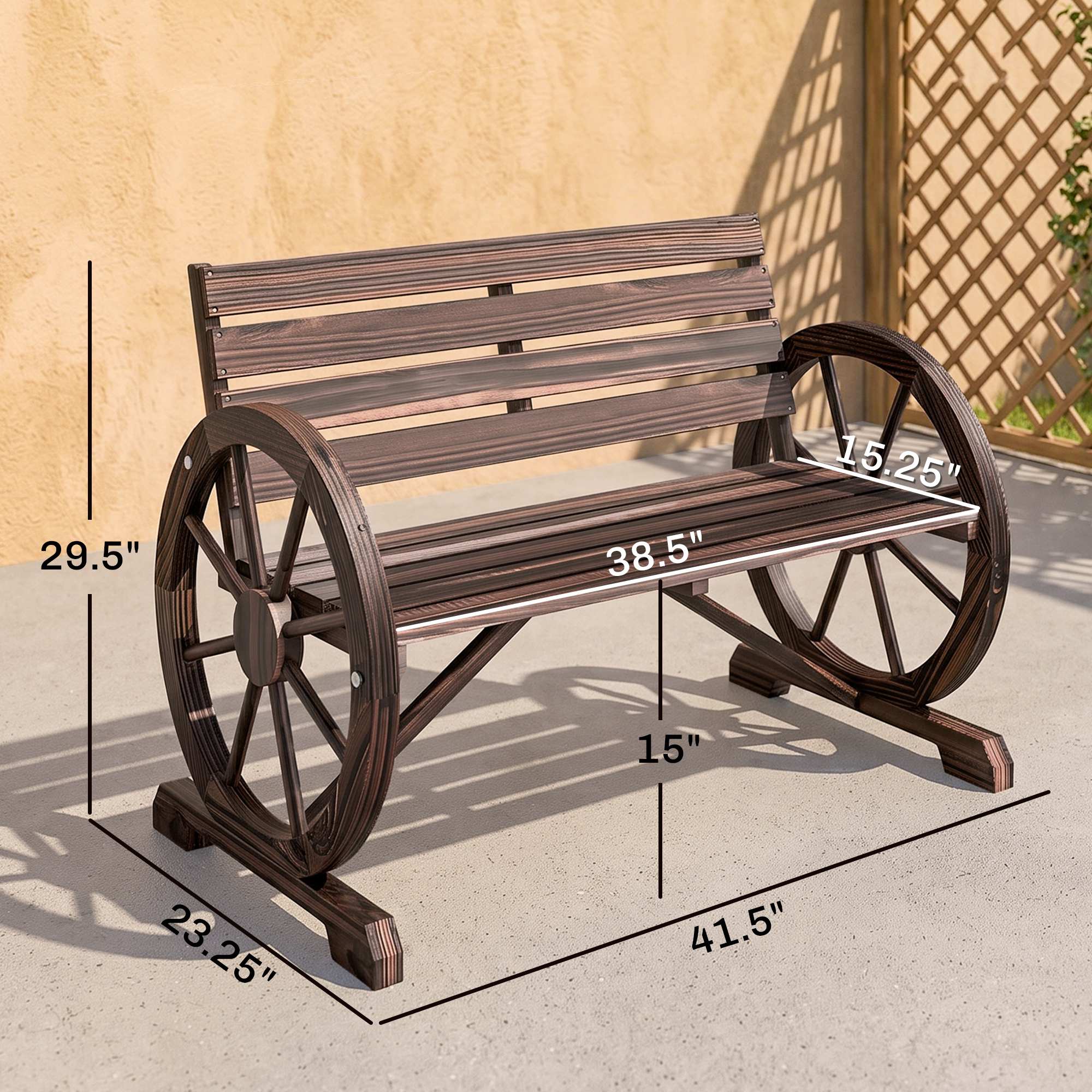 41" Wooden Wagon Wheel Bench, Rustic Outdoor Patio Bench Weather Resistance Furniture, 2-Person Slatted Seat with Backrest, Carbonized
