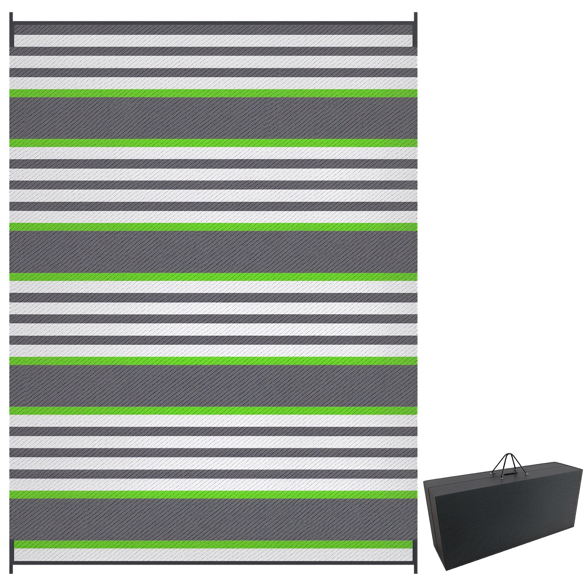 Reversible Outdoor Rug, 9' x 12' Waterproof Plastic Straw Floor Mat, Portable RV Camping Carpet, Large Floor Mat for Backyard, Deck, Picnic, Beach, Green & Gray Stripes