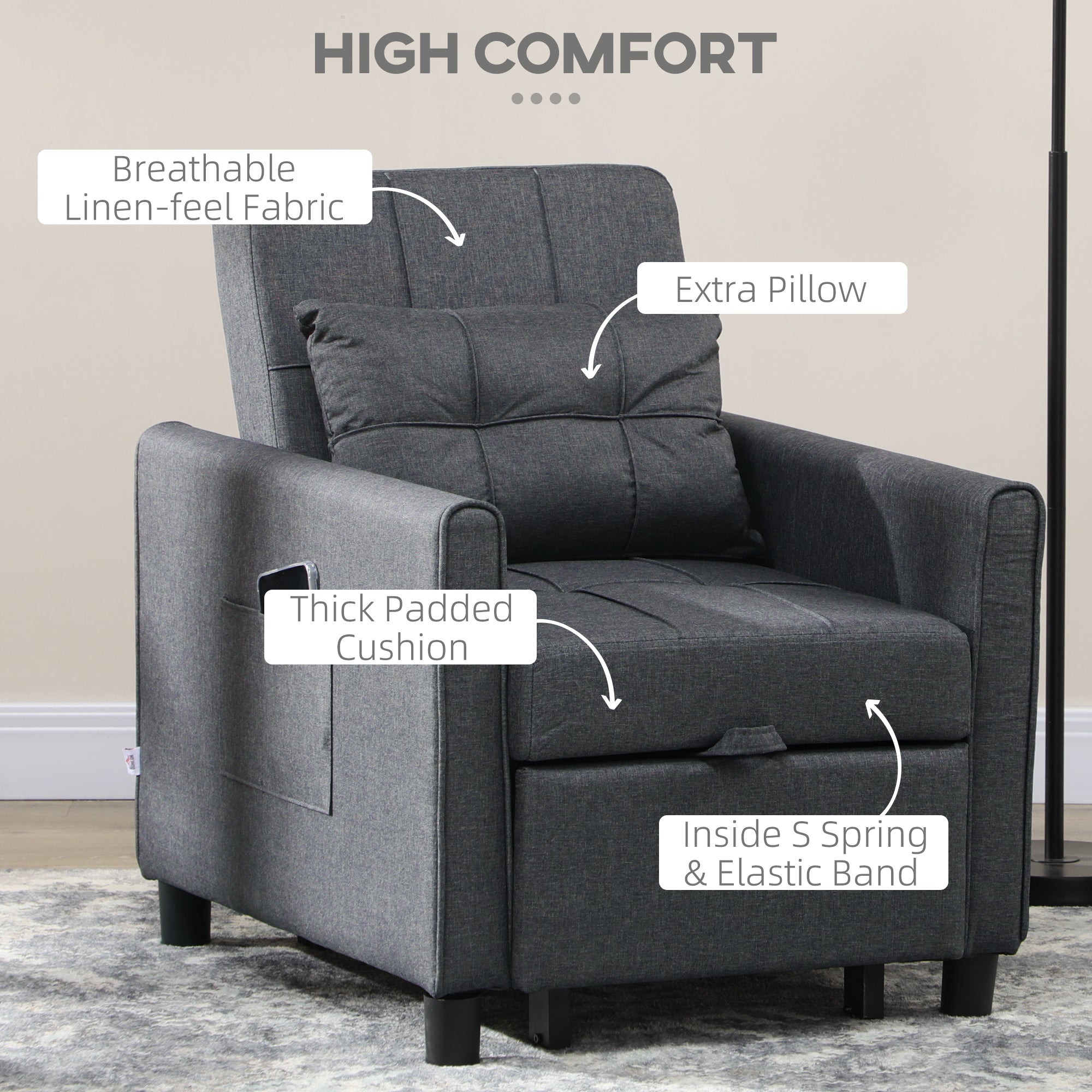 3-in-1 Convertible Chair Bed, Multi-Functional Single Sofa Bed, Pull Out Sleeper Chair with Adjustable Backrest, Pillow, and Pockets, Gray