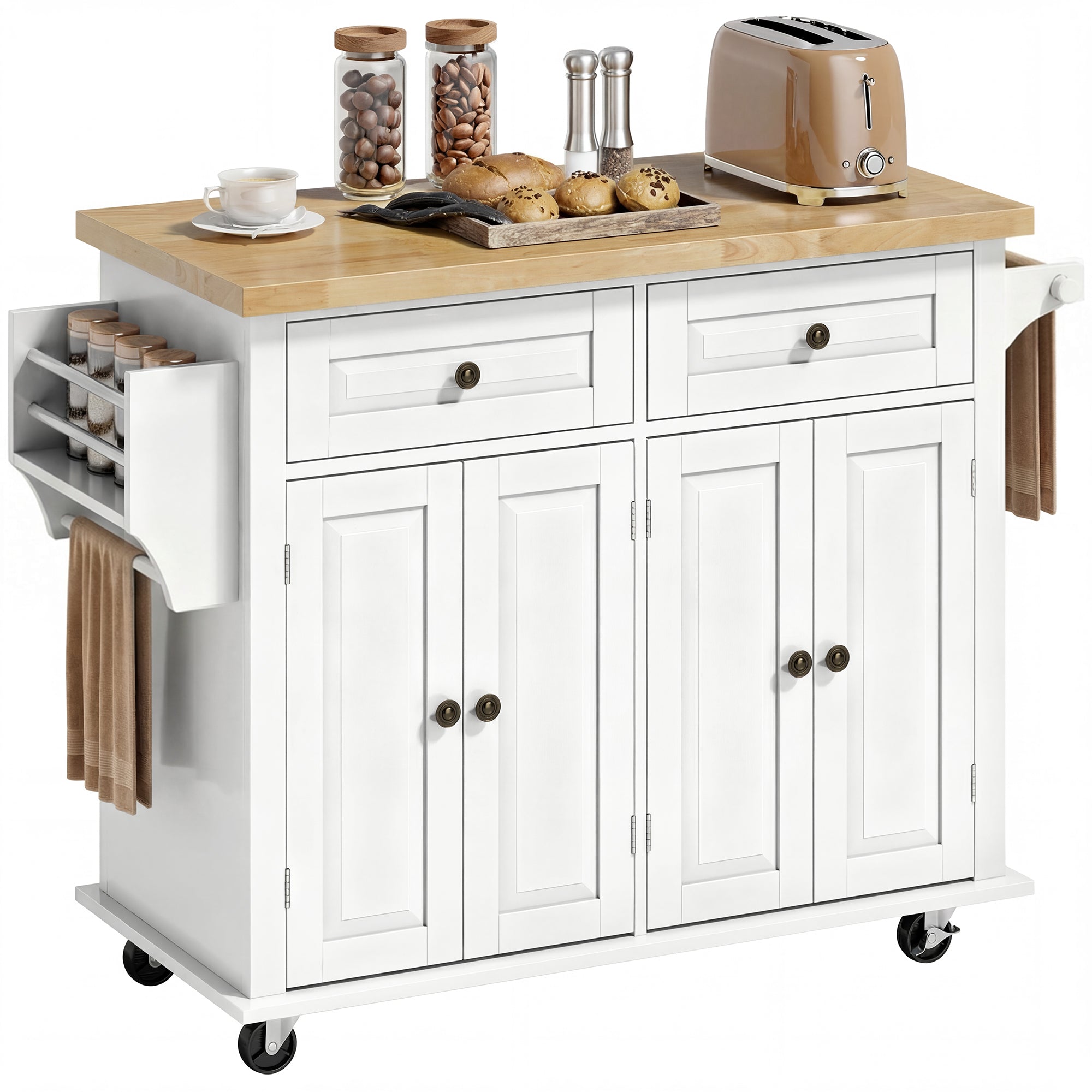 44" Mobile Kitchen Island Table, Kitchen Island Cart on Wheels with Storage Cabinets, 2 Drawers, White