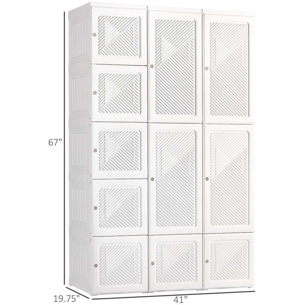 Portable Wardrobe Closet, Folding Clothes Storage Organizer with 8 Cube Compartments, 2 Hanging Rods, 11 Magnet Doors, White