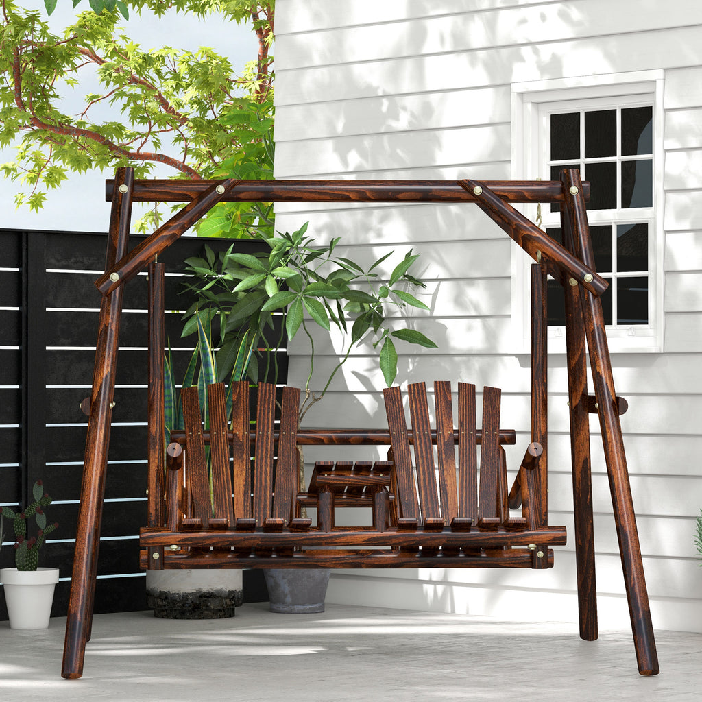 Wooden Porch Swing with Stand, 2-Seat Patio Swing Chair with Center Table, for Garden, Poolside, Backyard