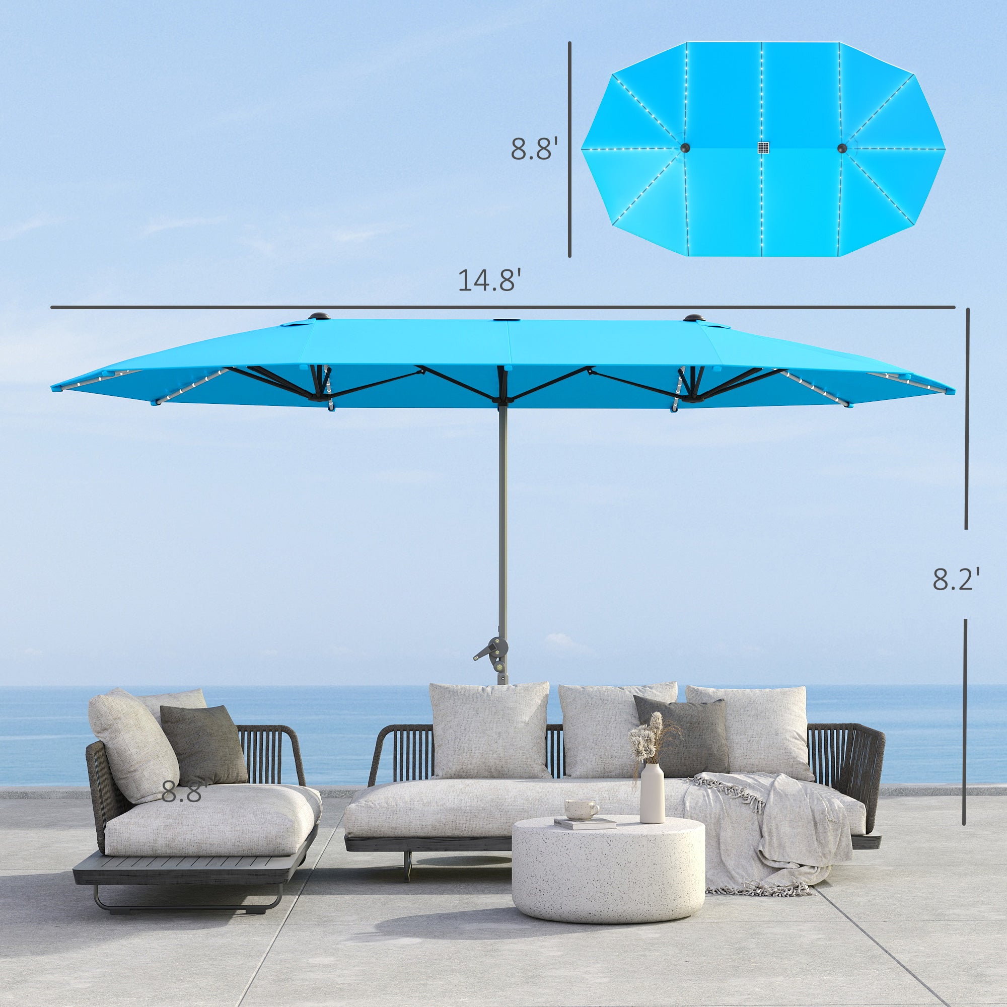 15ft Double-Sided Outdoor Umbrella with Solar Lights, UPF50+ Extra Large Aluminum Patio Umbrella with Crank, Blue