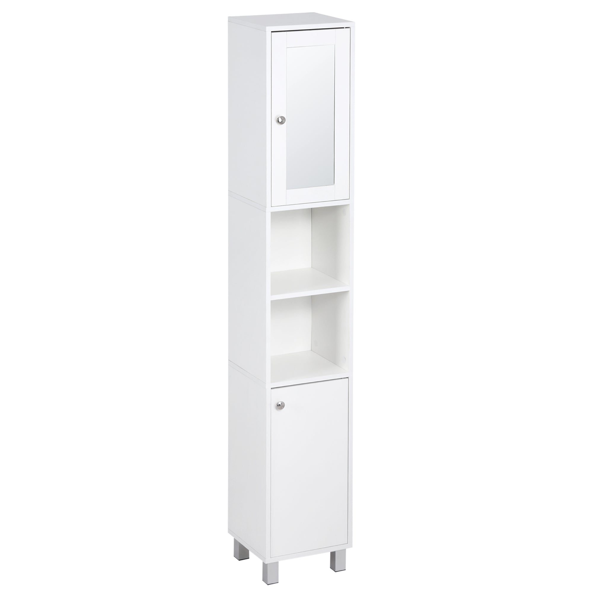 Tall Bathroom Storage Cabinet with Mirror, Wooden Freestanding Tower Cabinet with Adjustable Shelves for Bathroom or Living Room, White