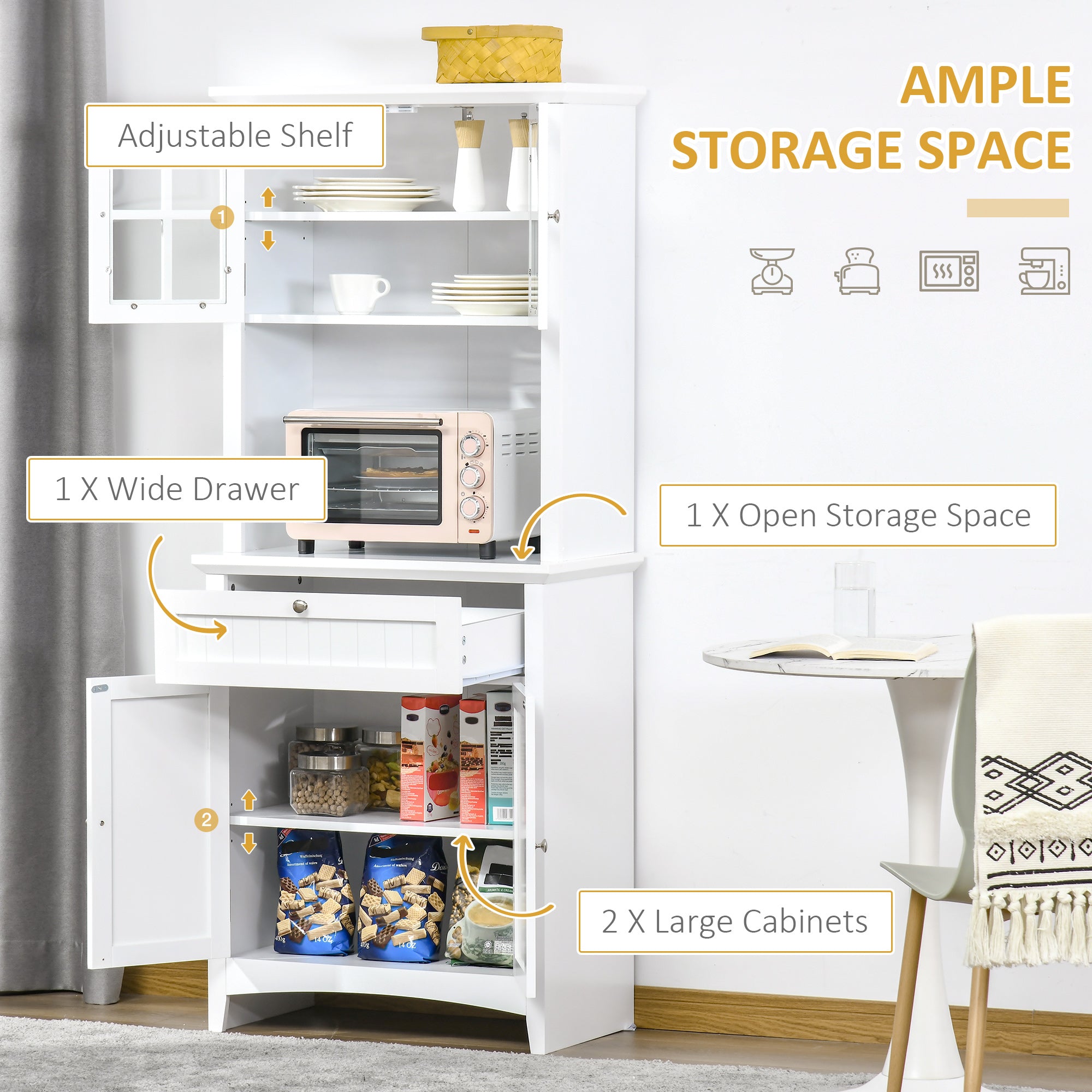Kitchen Buffet Hutch Cabinet, Freestanding Kitchen Pantry Storage Cabinet Cupboard with Framed Glass Door, Drawer and Microwave Space, White
