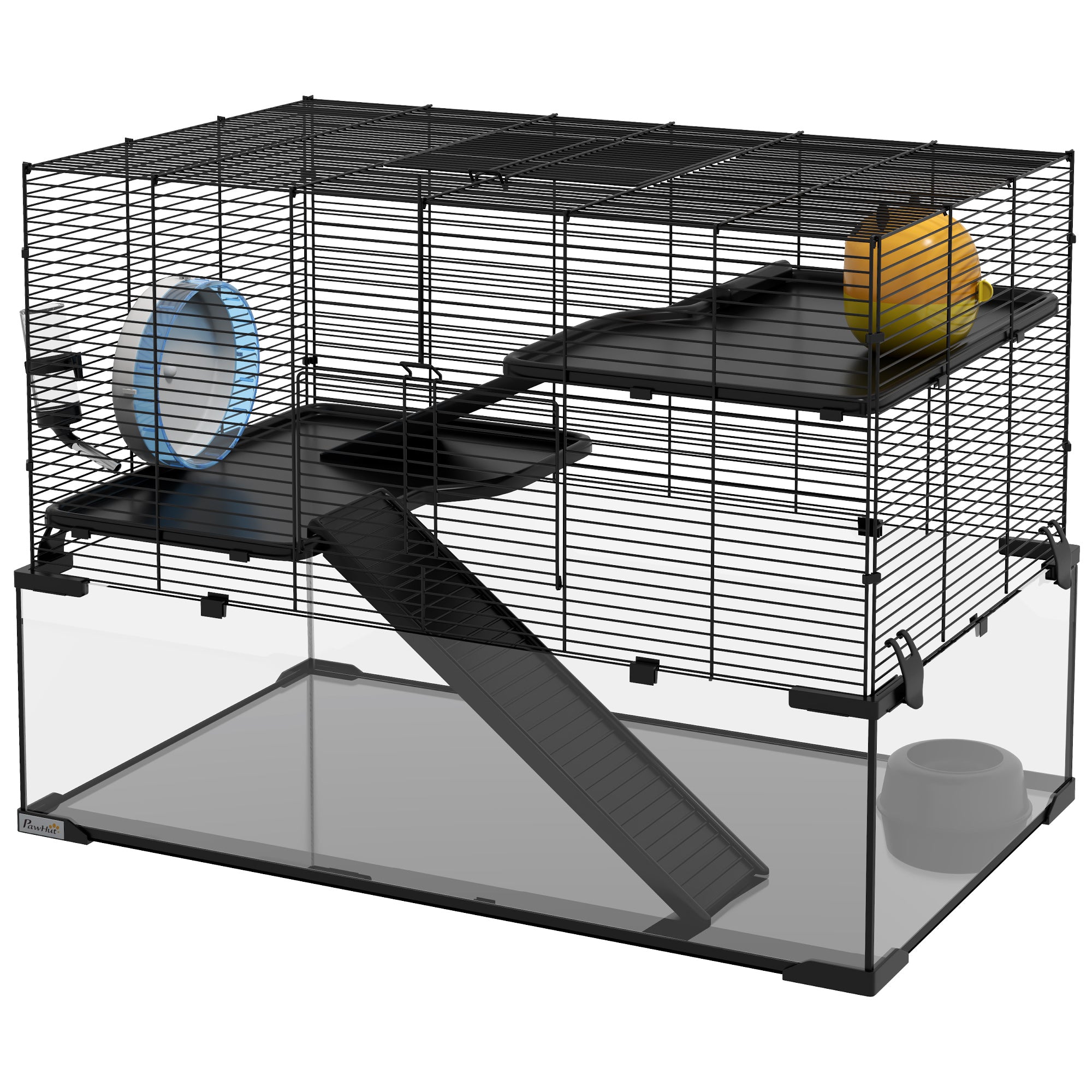 30" Hamster Cage, Gerbil Cage with Glass Basin for Small Hamsters, Black