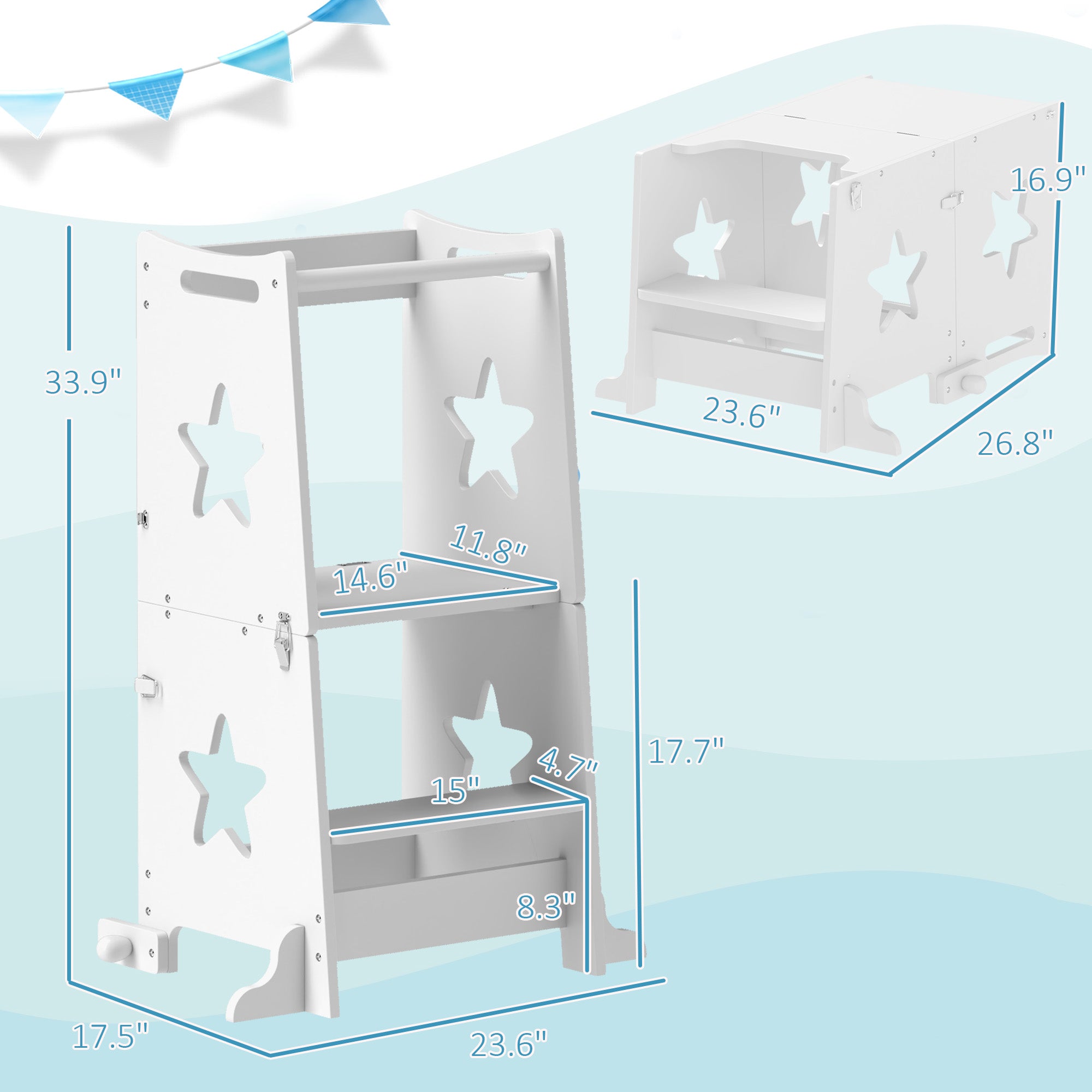 2 in 1 Toddler Tower with Safety Rail for Bathroom, Sink, Kitchen or Counter, White