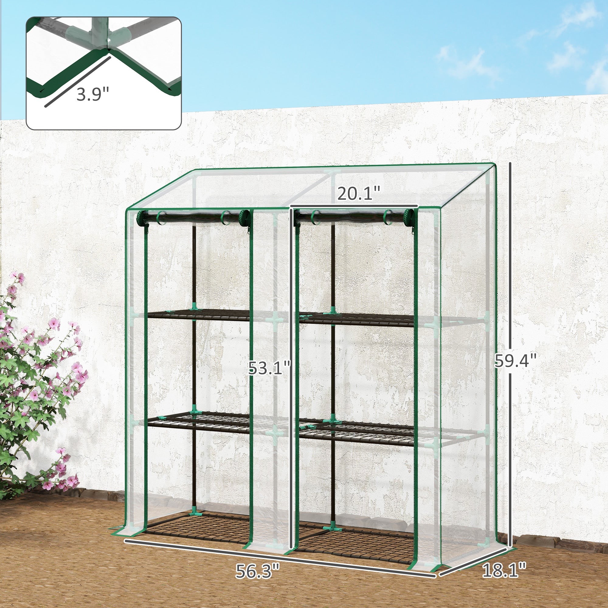 Lean-to Greenhouse, Portable Greenhouse with 3 Tier Shelves, 2 Roll-Up Zippered Doors, 56.3" x 18.1" x 59.4", Clear
