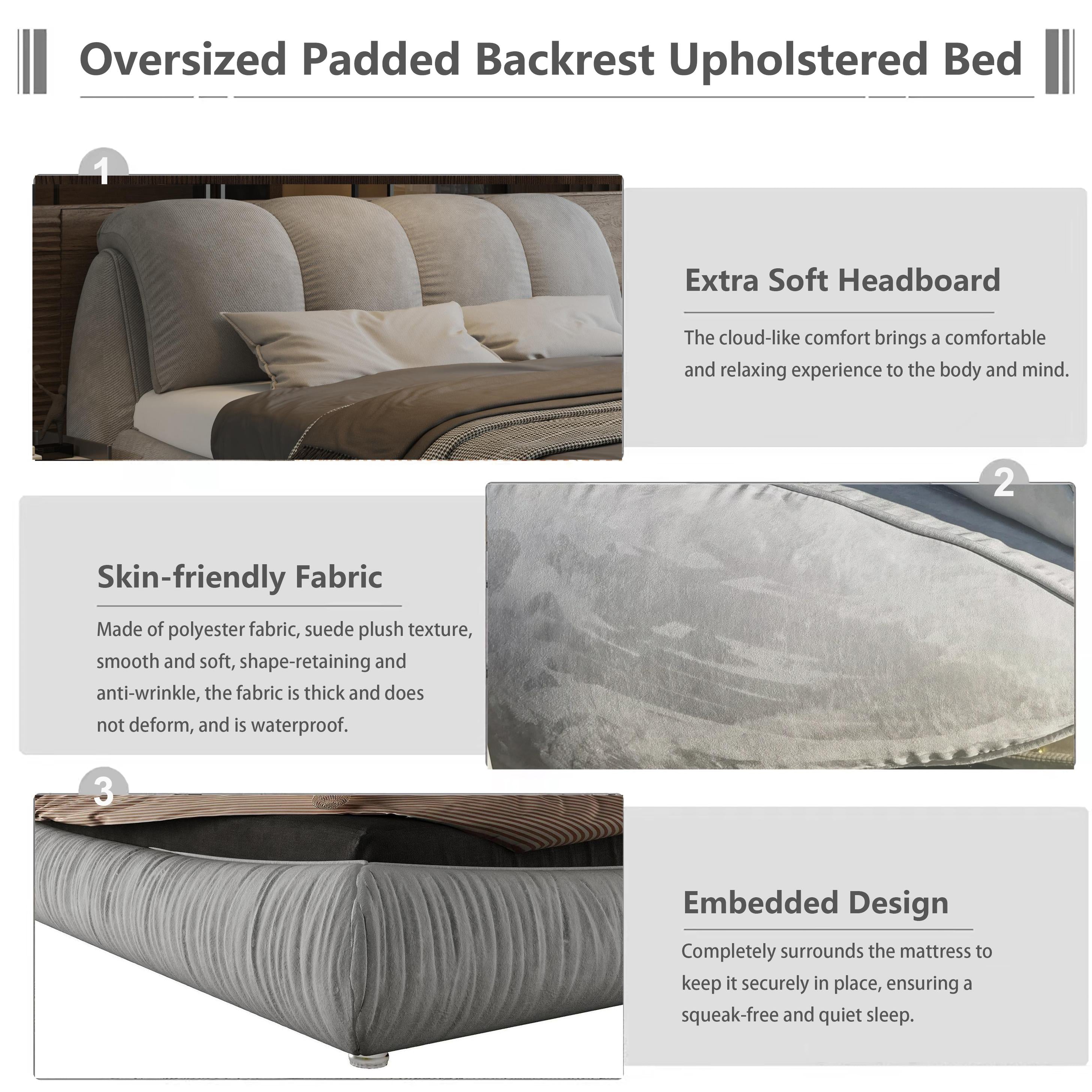 King Size Upholstered Bed with Oversized Padded Backrest, Solid Wood Frame, Adjustable Mattress Heights, 96.5" L x 86" W x 43.5" H, Gray