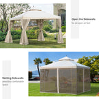 10' x 10' Patio Gazebo with Corner Frame Shelves, Double Roof Outdoor Gazebo Canopy Shelter with Netting for Patio, Wedding, Catering & Events, Cream White