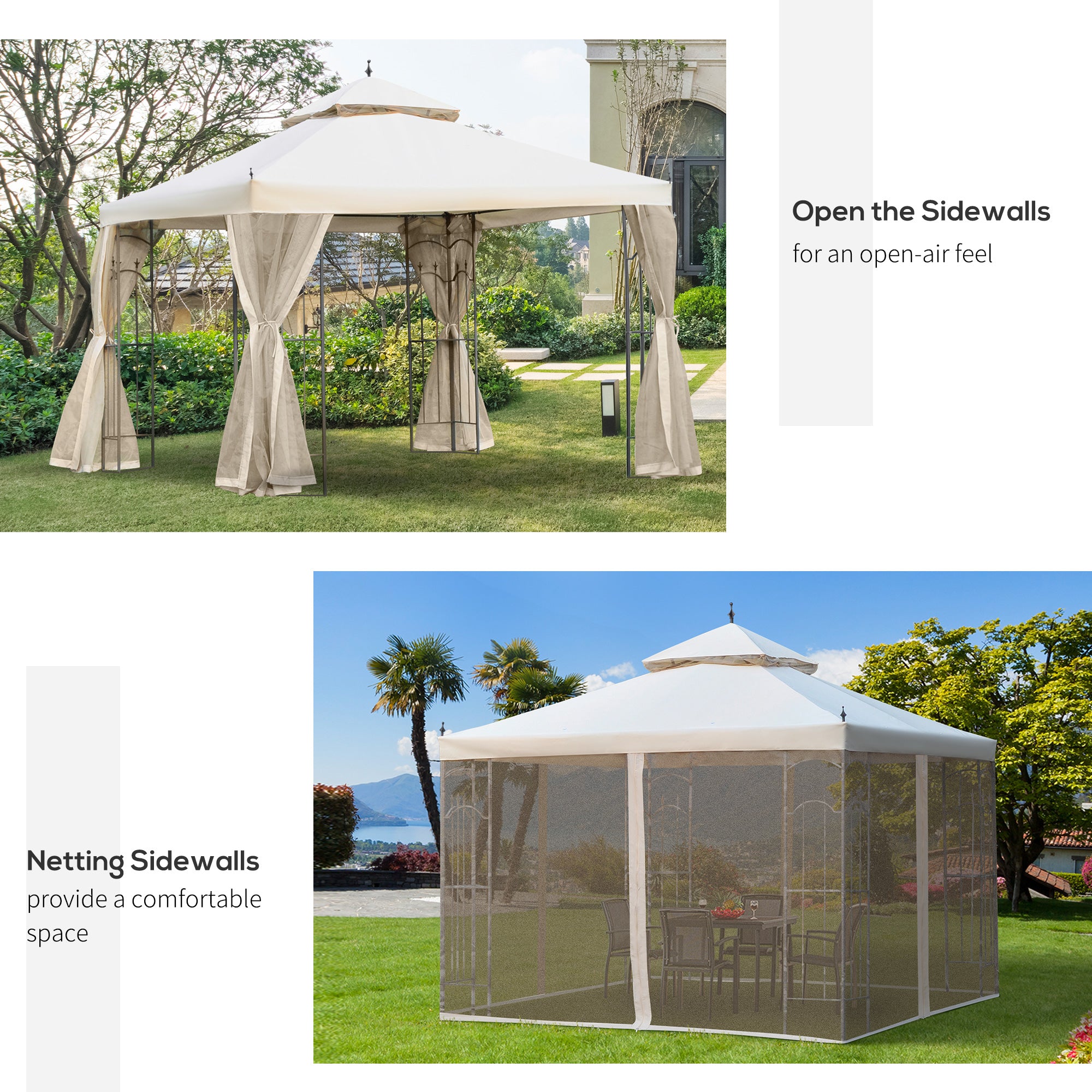 10' x 10' Patio Gazebo with Corner Frame Shelves, Double Roof Outdoor Gazebo Canopy Shelter with Netting for Patio, Wedding, Catering & Events, Cream White