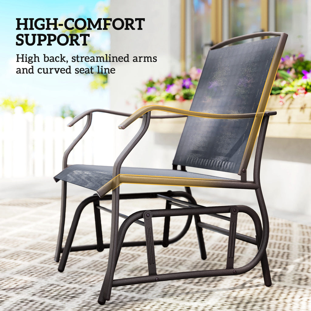 3 Piece Outdoor Glider Chair with Coffee Table Bistro Set, 2 Patio Rocking Swing Chairs with Breathable Sling Fabric, Glass Tabletop, for Backyard, Garden and Porch, Gray