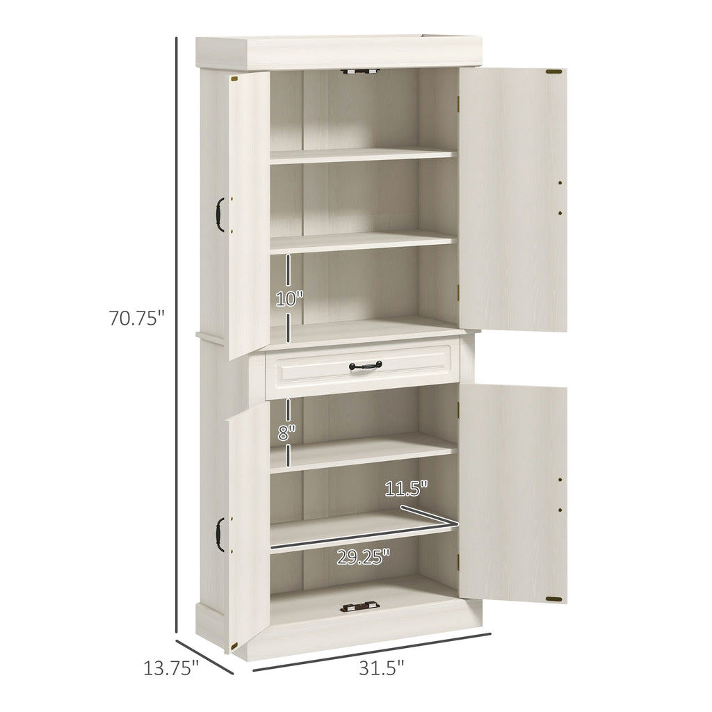 71" Freestanding Kitchen Pantry with 4 Doors and 2 Large Cabinets, Tall Storage Cabinet with Drawer, Distressed White