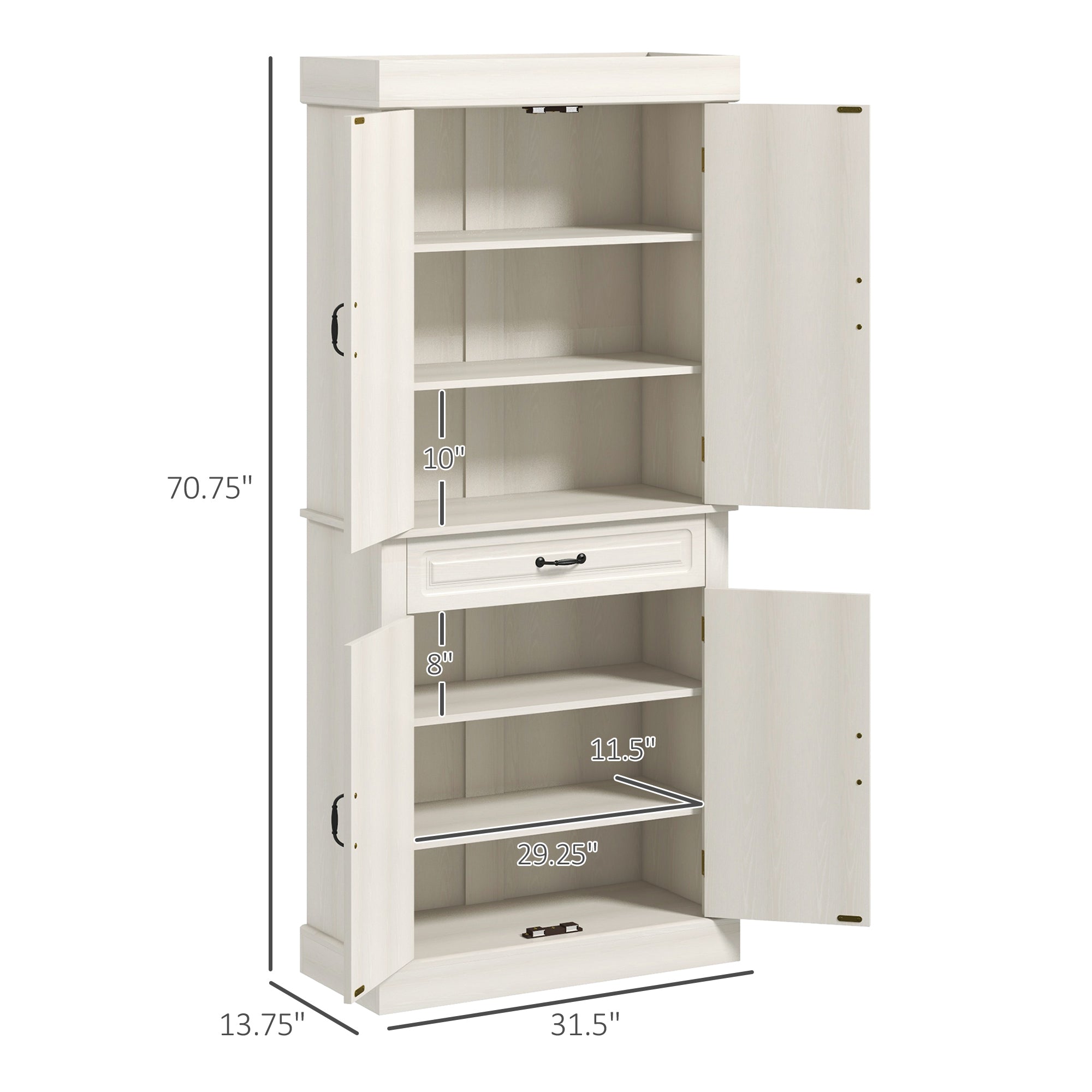 71" Freestanding Kitchen Pantry with 4 Doors and 2 Large Cabinets, Tall Storage Cabinet with Drawer, Distressed White