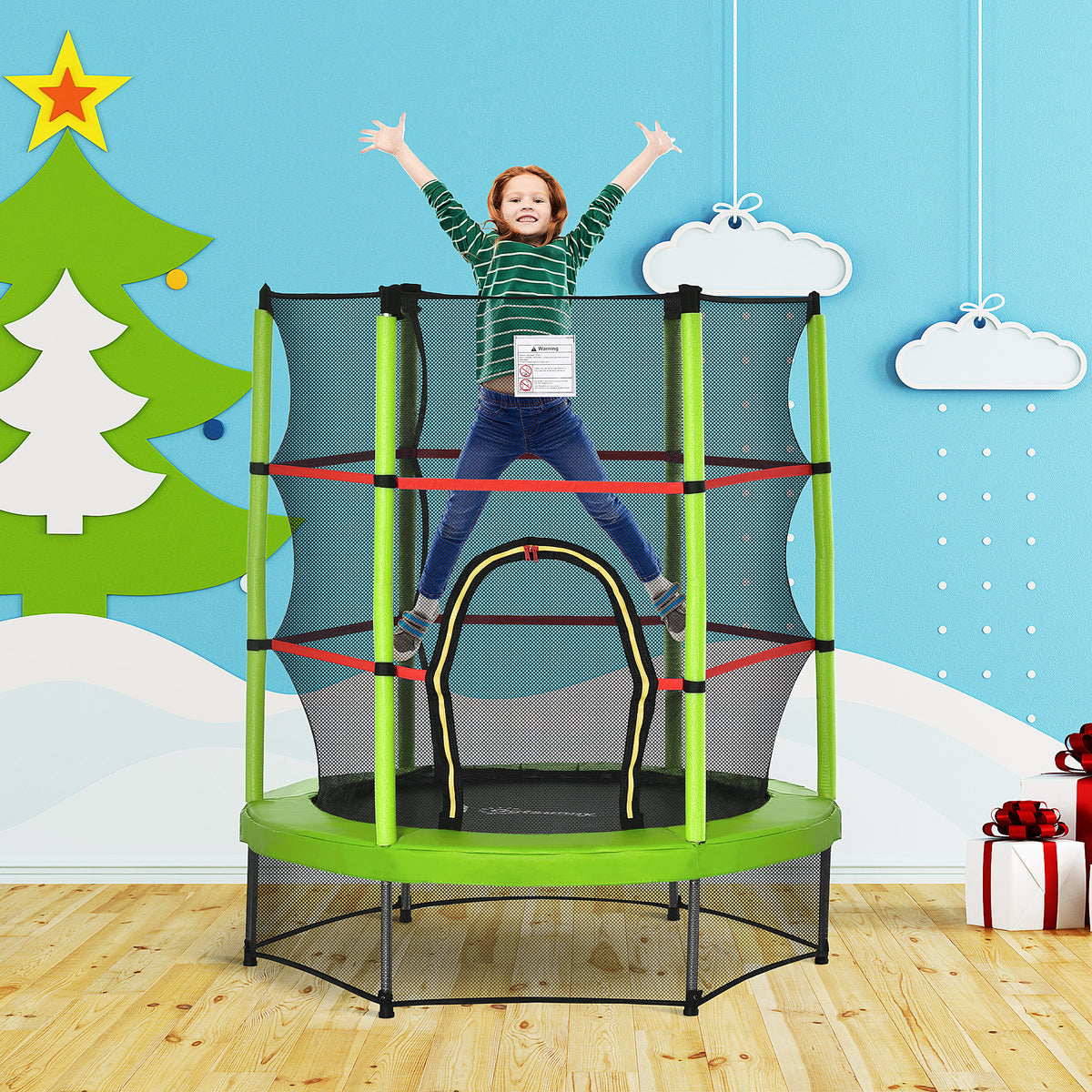 Φ5FT Kids Trampoline with Enclosure Net for Age 3 to 6 Years Green