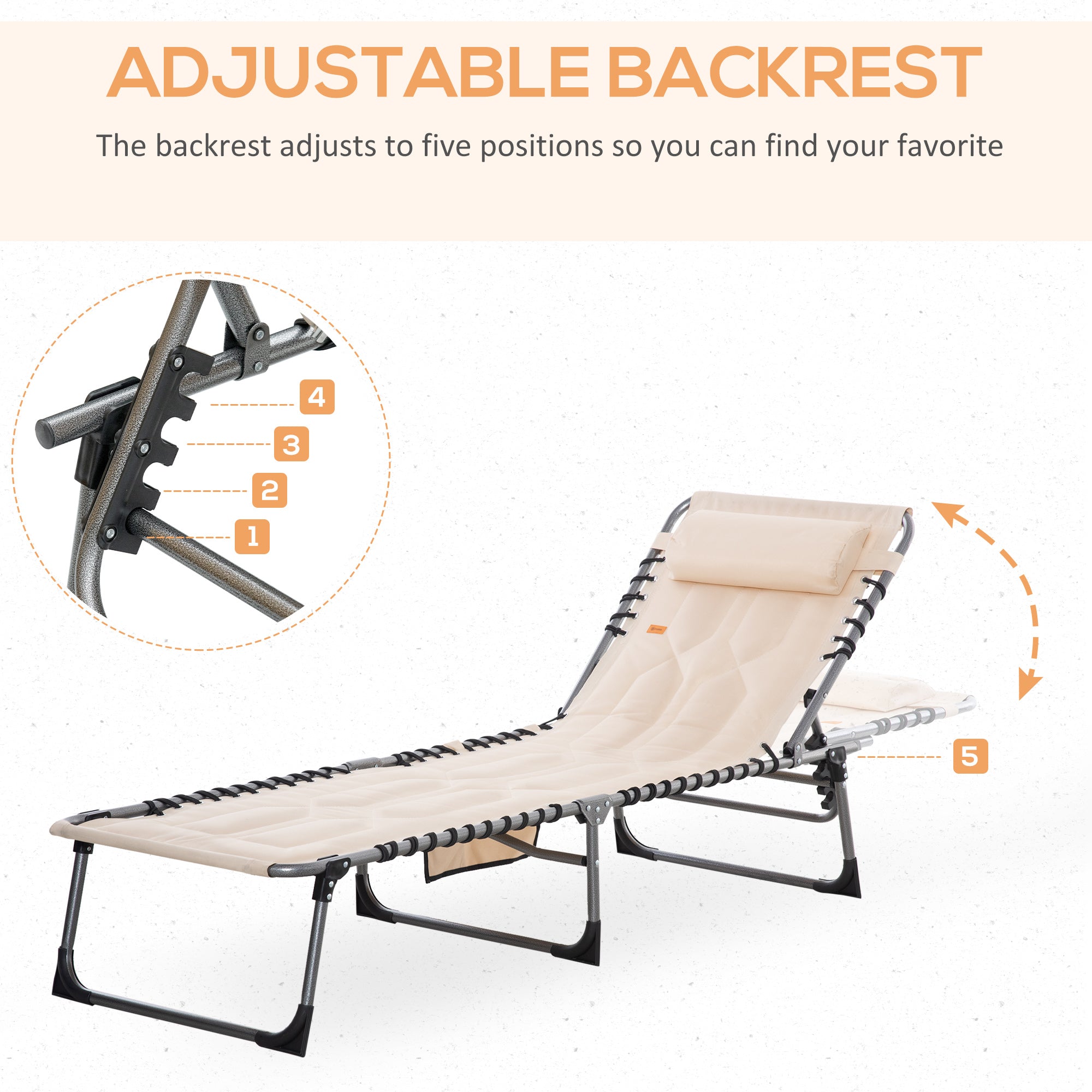 Padded Folding Chaise Lounge Chair, Outdoor 6-Level Reclining Camping Tanning Chair with Headrest for Beach, Yard, Patio, Pool, Beige
