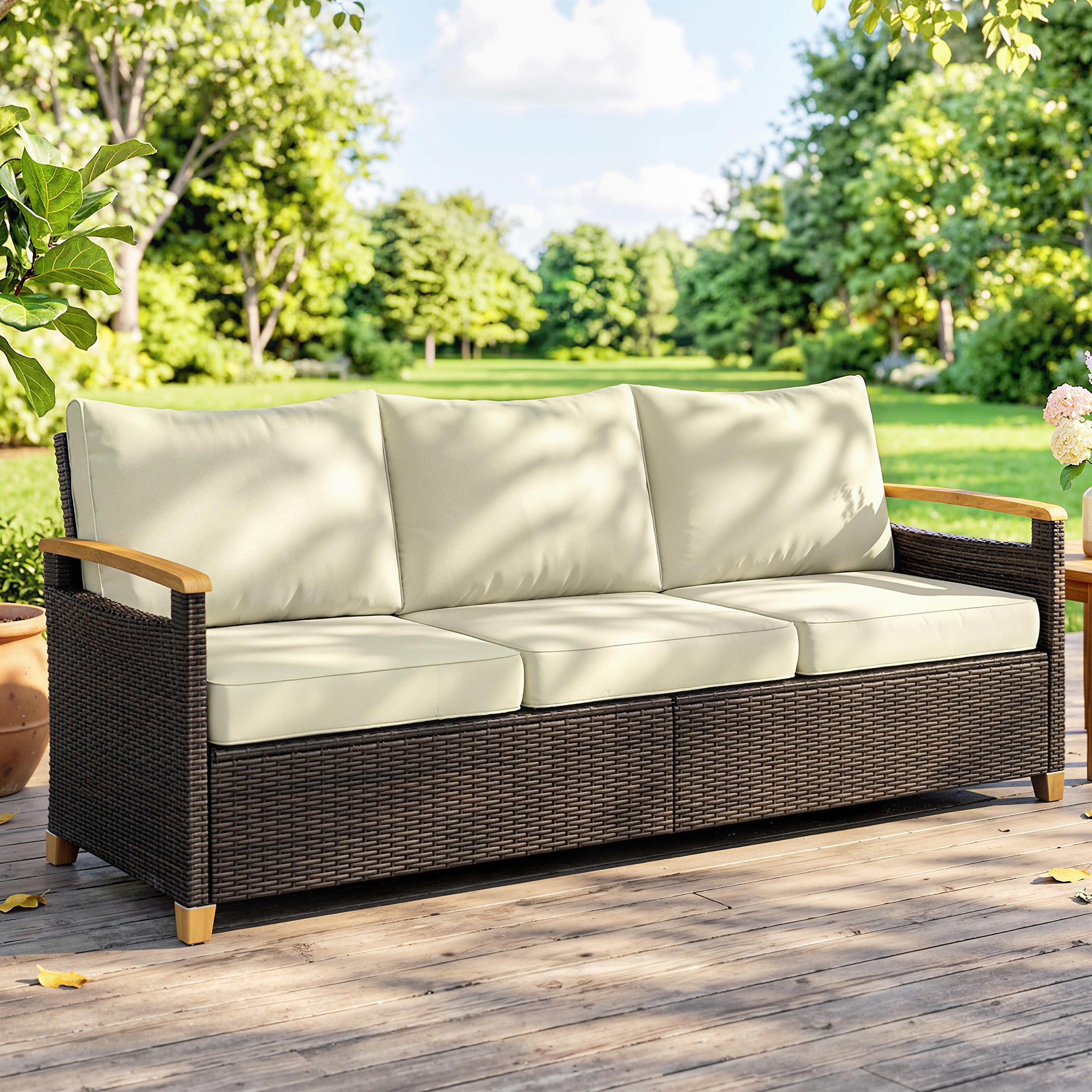 3 Seater Outdoor Couch Sofa, PE Wicker Patio Sofa, Wide Deep Seat, 4" Cushions, Wood-Effect Armrests Legs, Beige