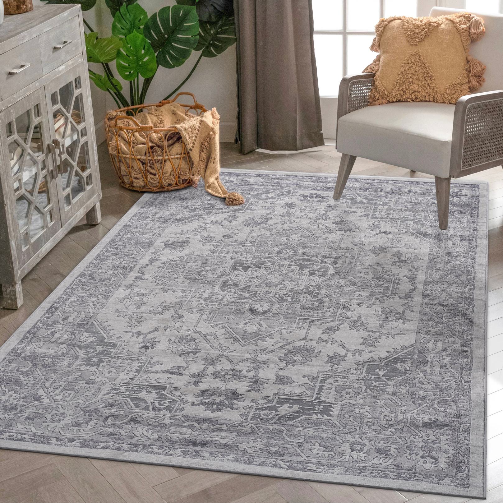 Naar 6x9 Stain-Resistant Area Rug with Non-Shedding Design and Cotton Backing, Kid and Pet-Friendly Carpet, 93" L x 79" W x 0.35" H, Silver