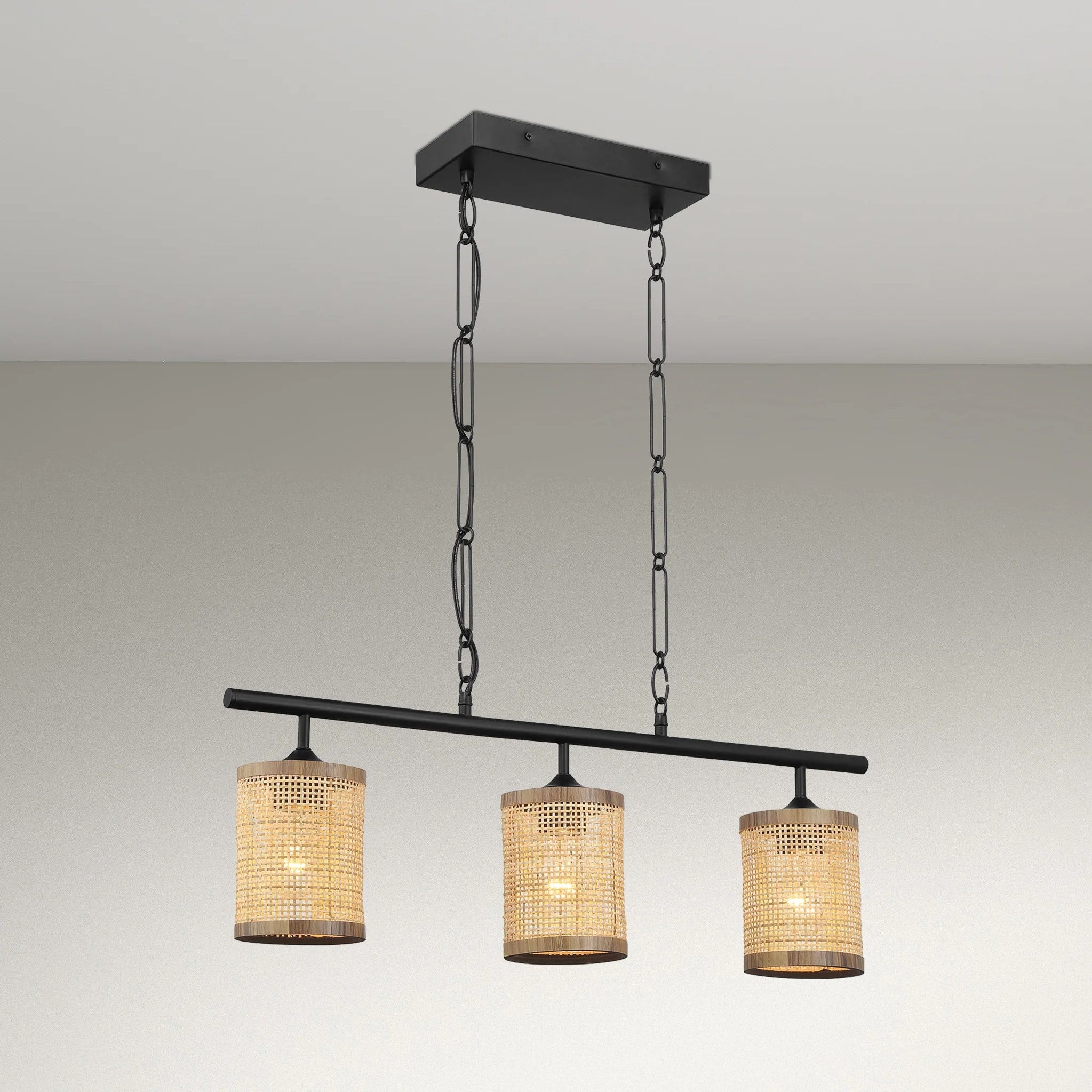 Three-Light Island Ceiling Lamp with Rattan Shade, Farmhouse Chain Design, Ideal for Dining Room, Kitchen, 28" L x 5" W x 10" H, Black