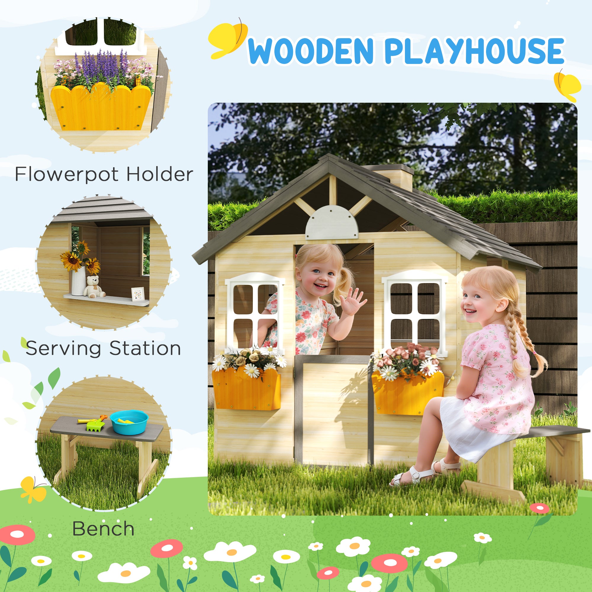 Outdoor Playhouse, Wooden Kids Playhouse with Working Door, Windows, Bench, Service Station, Flower Pot Holder, Cottage Play House for 3-7 Years Old Pretend Play, Natural