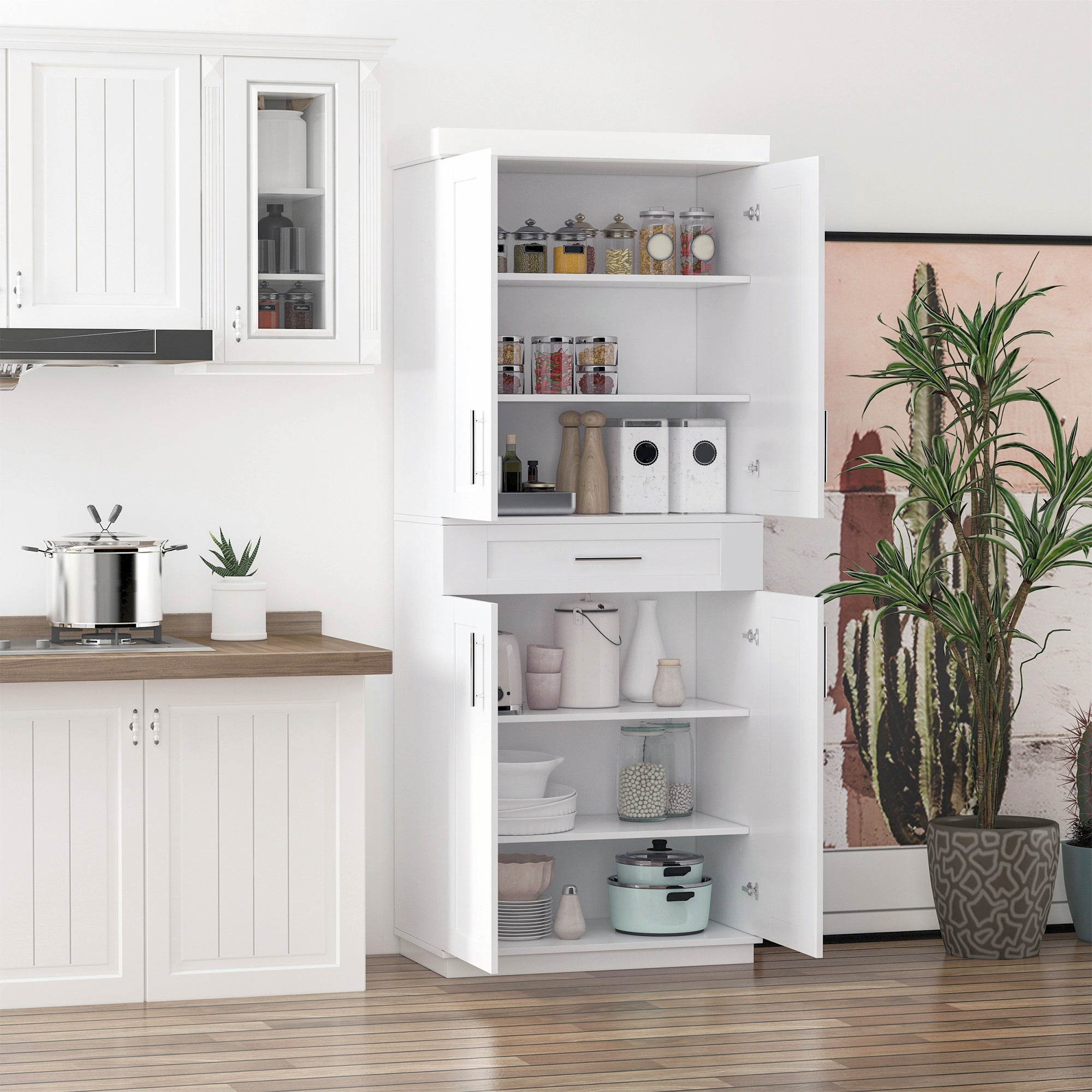White Pantry Cabinet with Adjustable Shelving for Kitchen, Perfect for Family, White