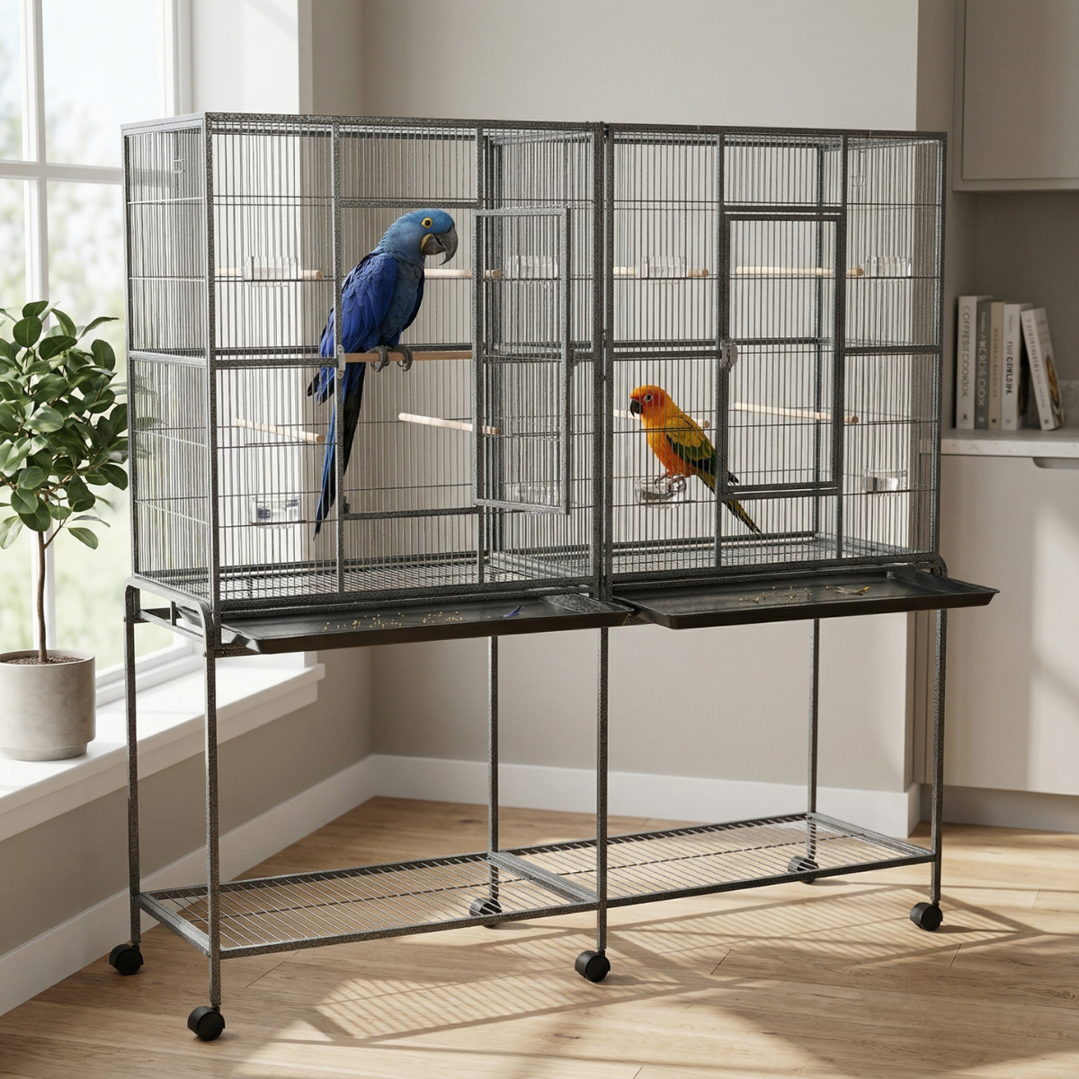 Rolling 65"L Bird Cage w/ Storage Shelf Wood Perch Food Container