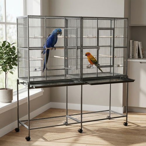Rolling 65"L Bird Cage w/ Storage Shelf Wood Perch Food Container
