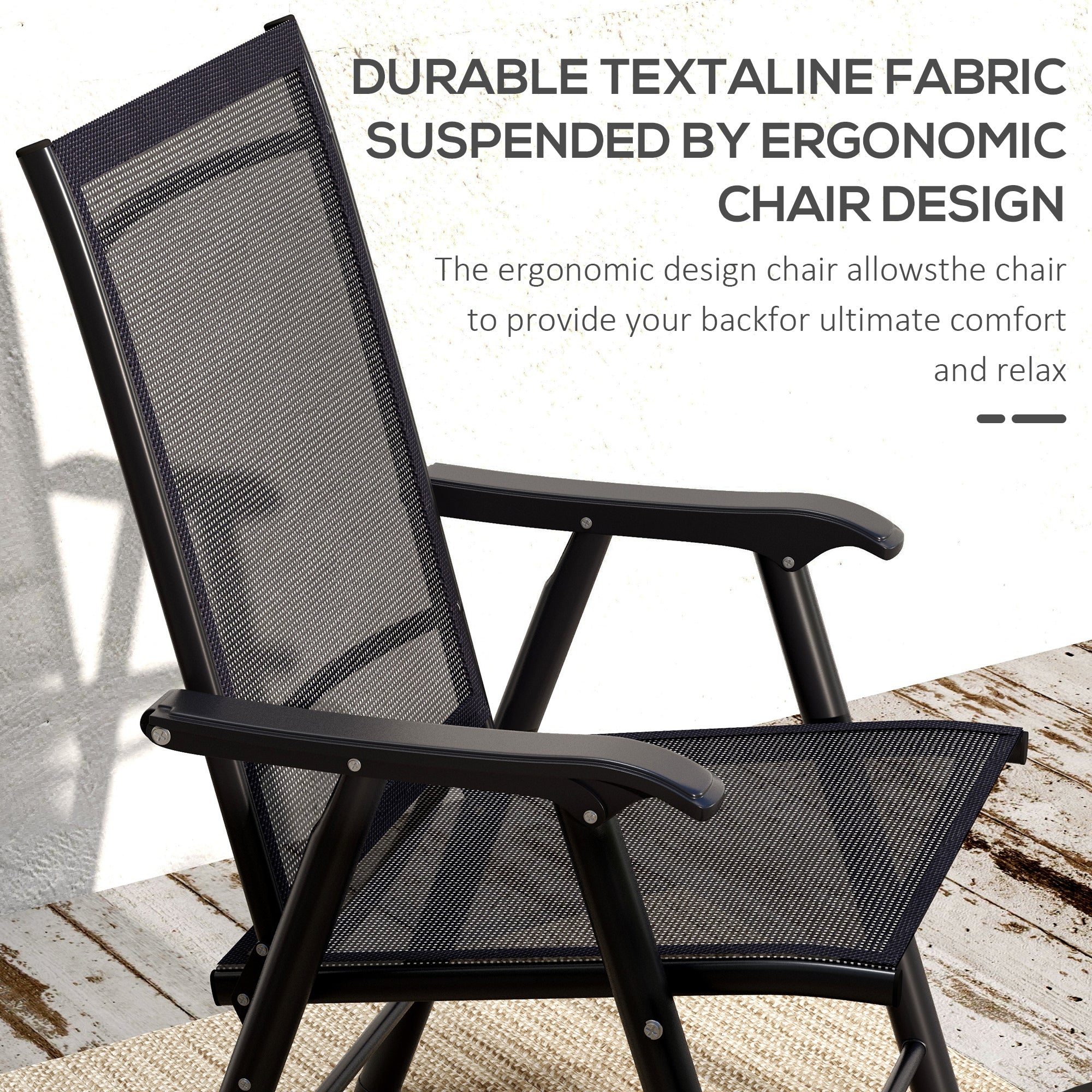 Set of 4 Outdoor Folding Chairs, Stackable Patio Dining Chairs with Armrests, Metal Frame, Black