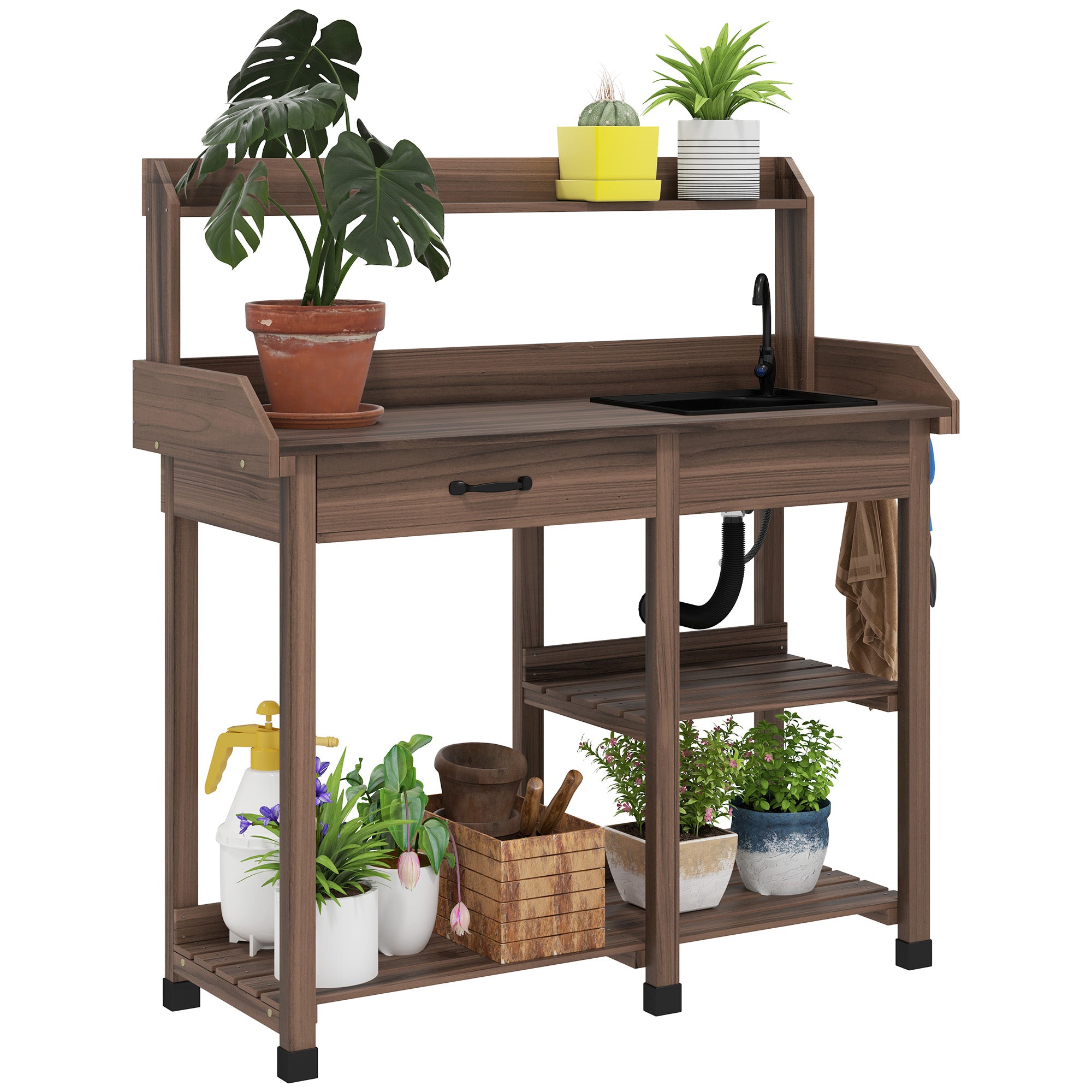 Potting Bench Table, Outdoor Garden Table Wooden Work Station with Removable Sink, Faucet, Drawer, Shelves, Hooks, Dark Brown