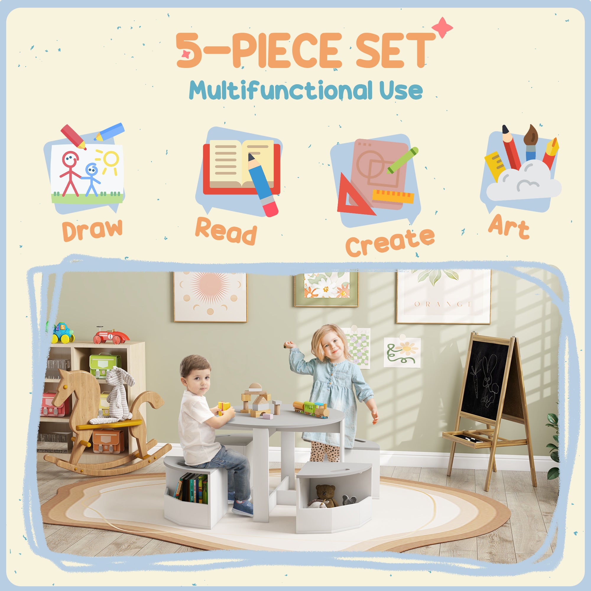 5 Piece Kids Table and Chairs Set with Storage for Art, Craft, Drawing, Playroom, Classroom, Nursery, Gray