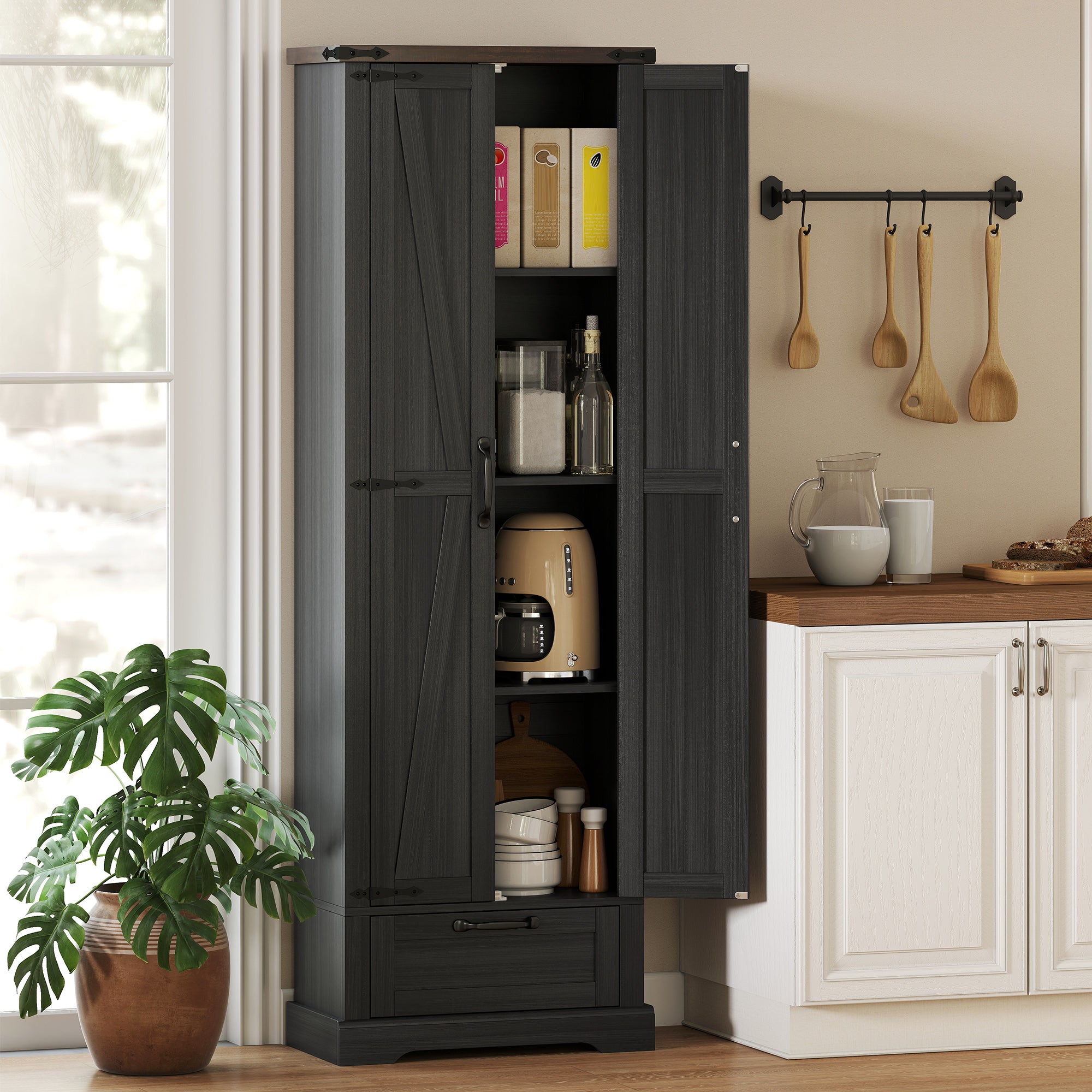 71" Pantry Cabinet, Kitchen Storage Cabinet with Adjustable Shelves, Barn Doors and Drawer for Dining Room, Black