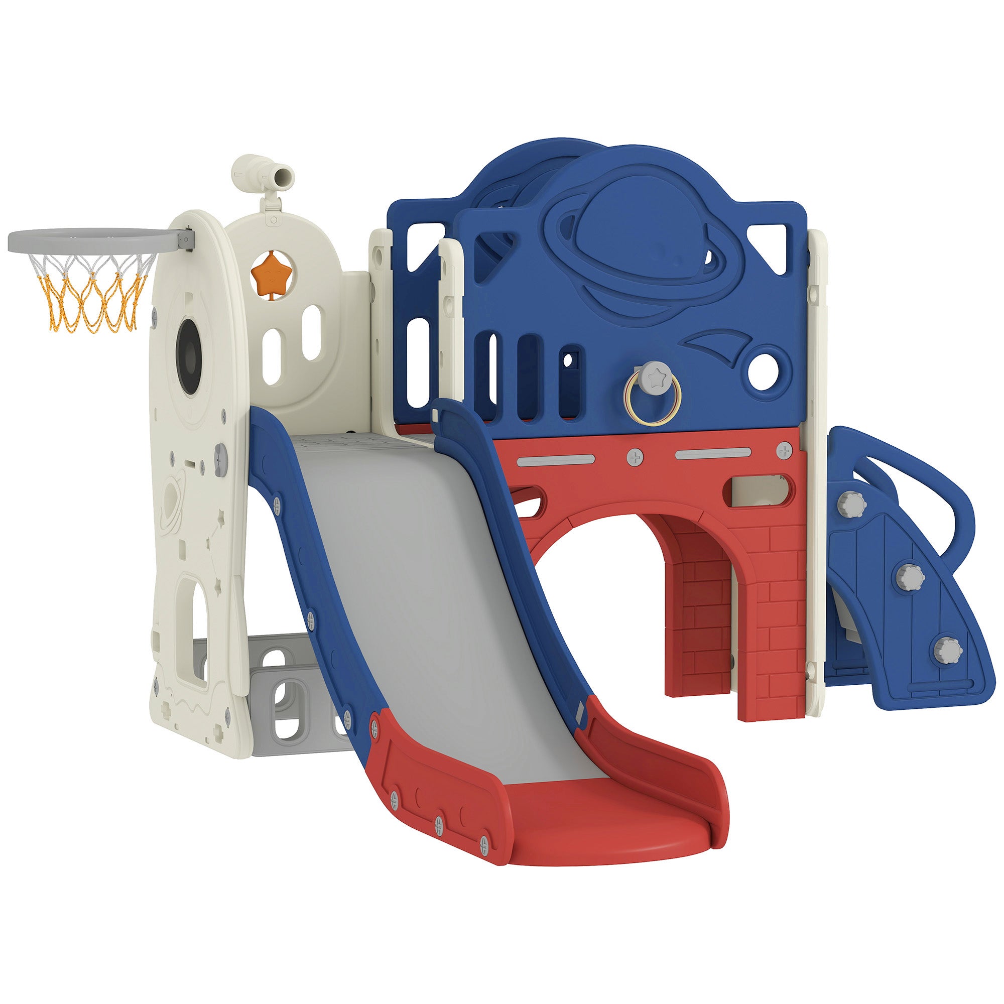 8-in-1 Toddler Slide Set with Basketball Hoop, Indoor Outdoor Playground Playset for Kids, Blue